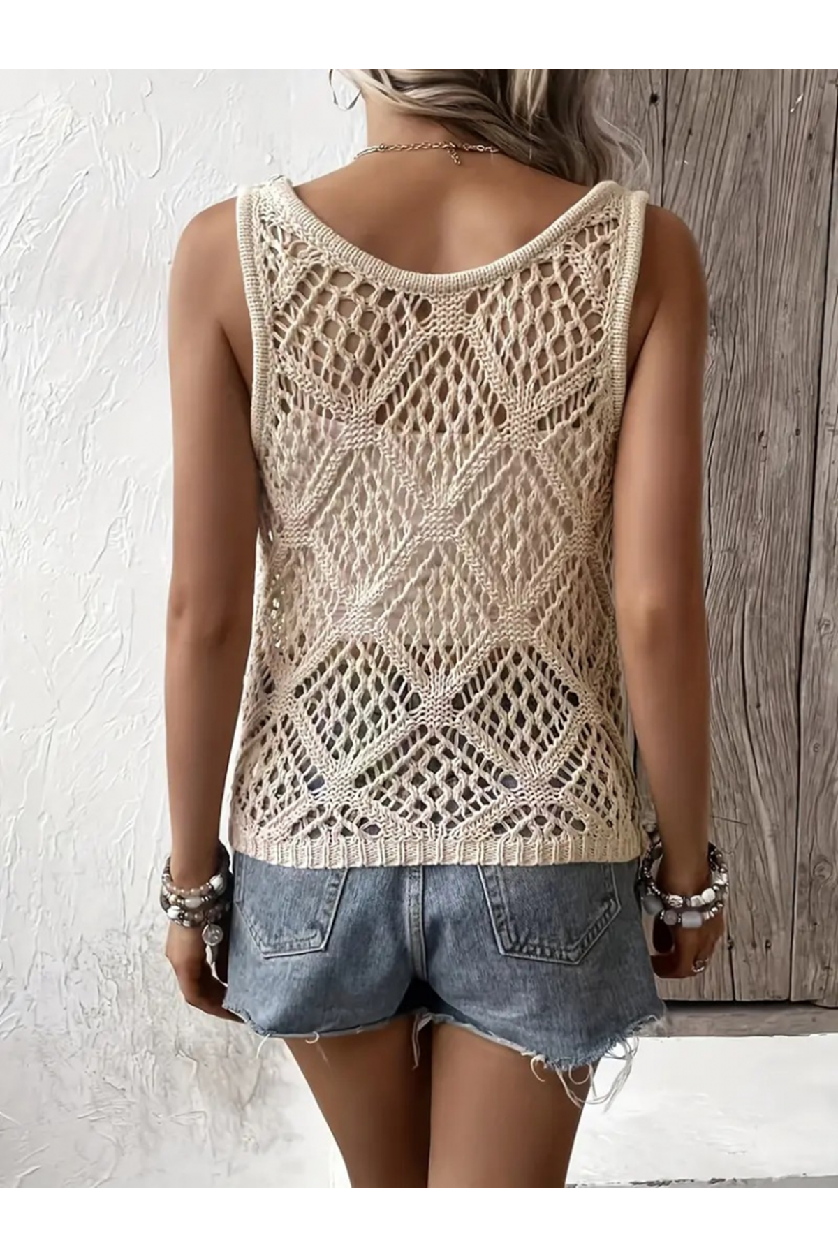 Kadın Askılı Yuvarlak Yaka Geometrik Desenli Triko Bluz