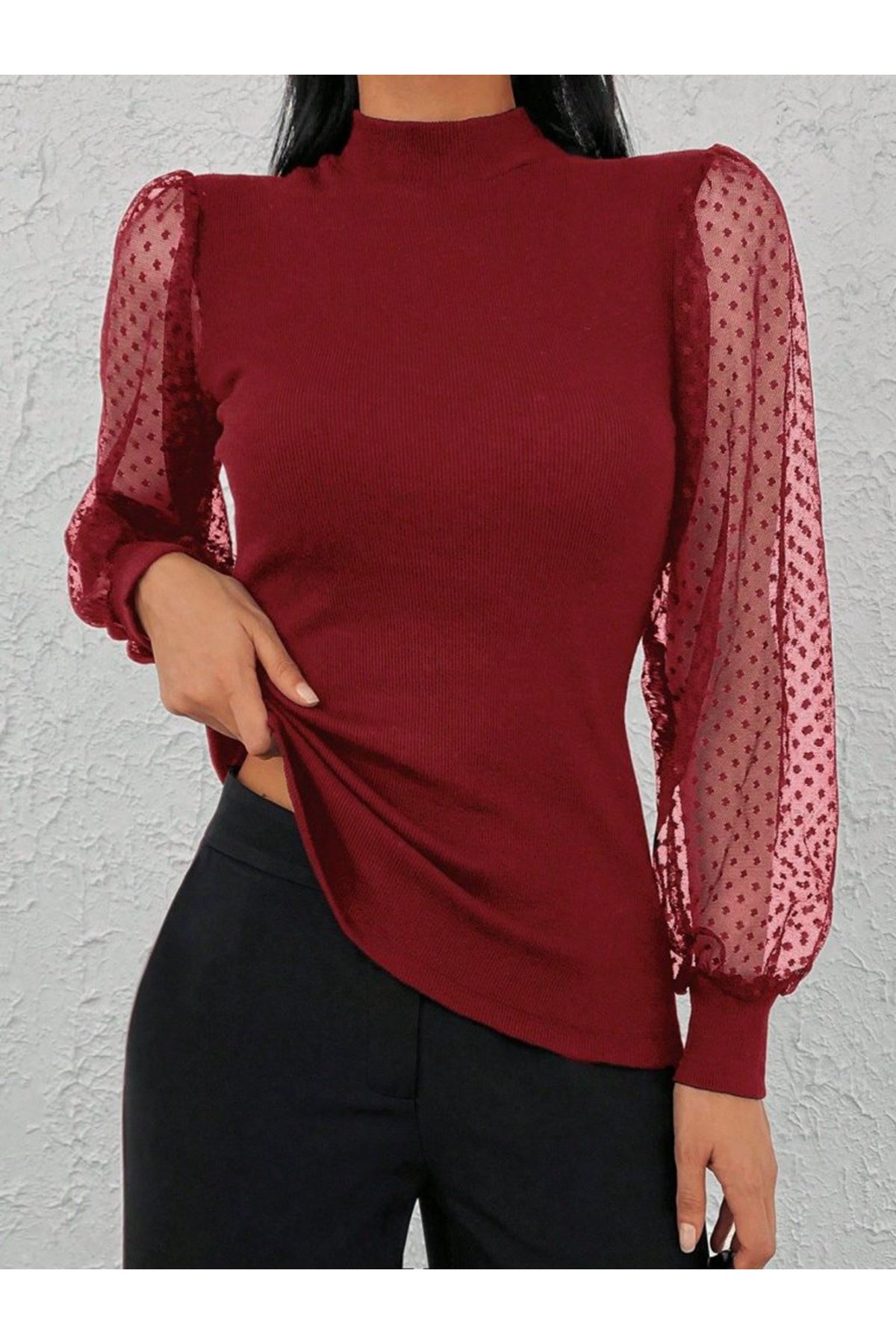 Kadınkolu Tül Detaylı Yarım Balıkçı Kaşkorse Bluz