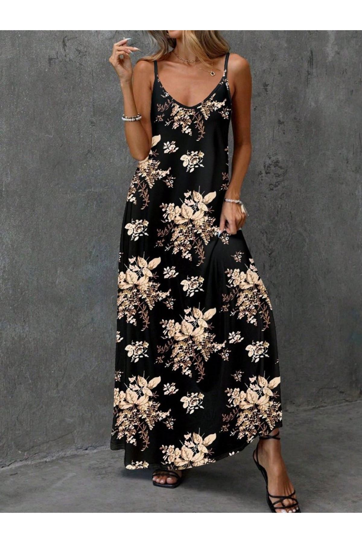Kadın Ip Askılı V Yakalı çiçek Desenli Süprem Elbise