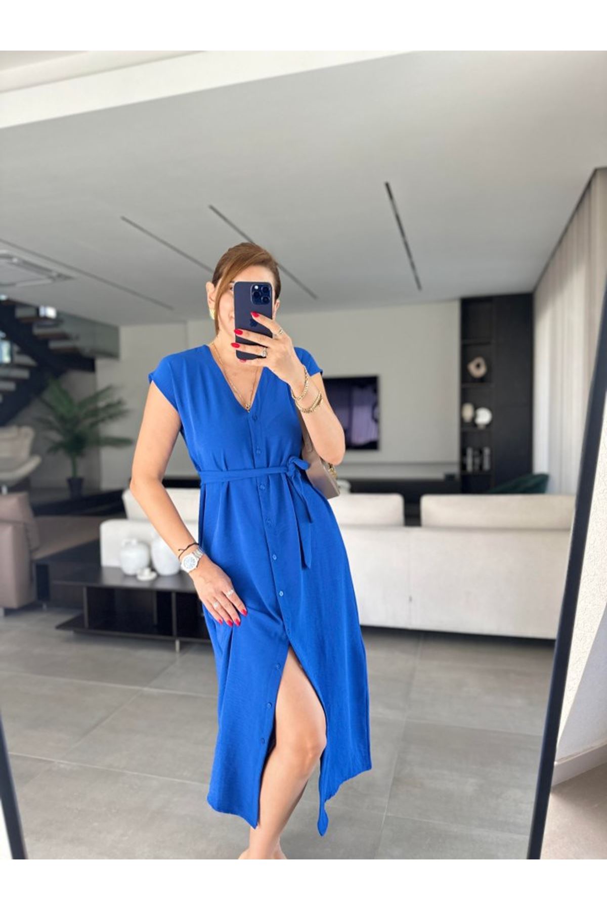 Kadınn V Yaka Düğme Detay Kuşak Dahil Elbise