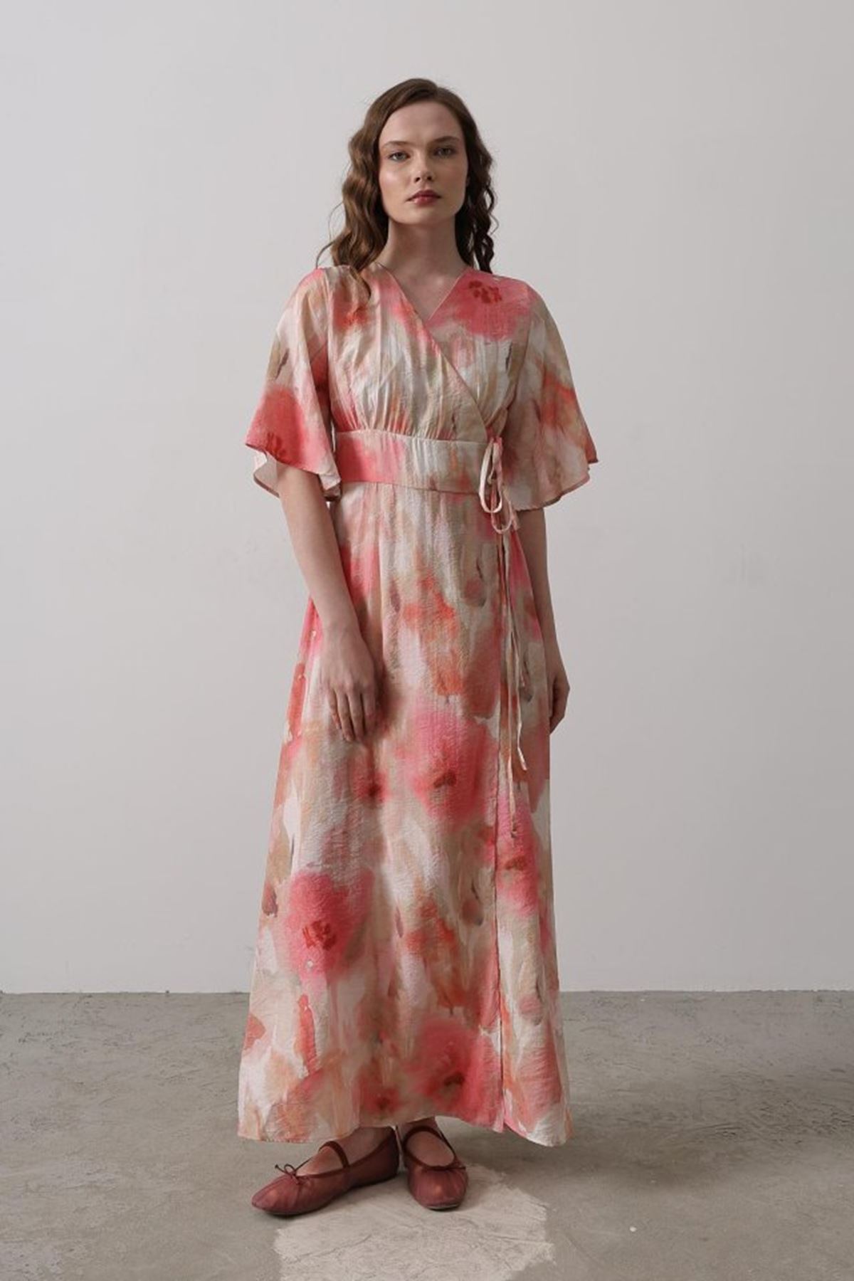 Yandan Bağlamalı Desenli Elbise - Pembe