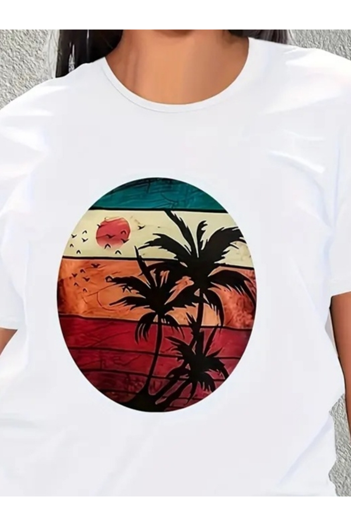 Kadın Kısa Kollu Palmiye Baskılı Viskon T-shirt