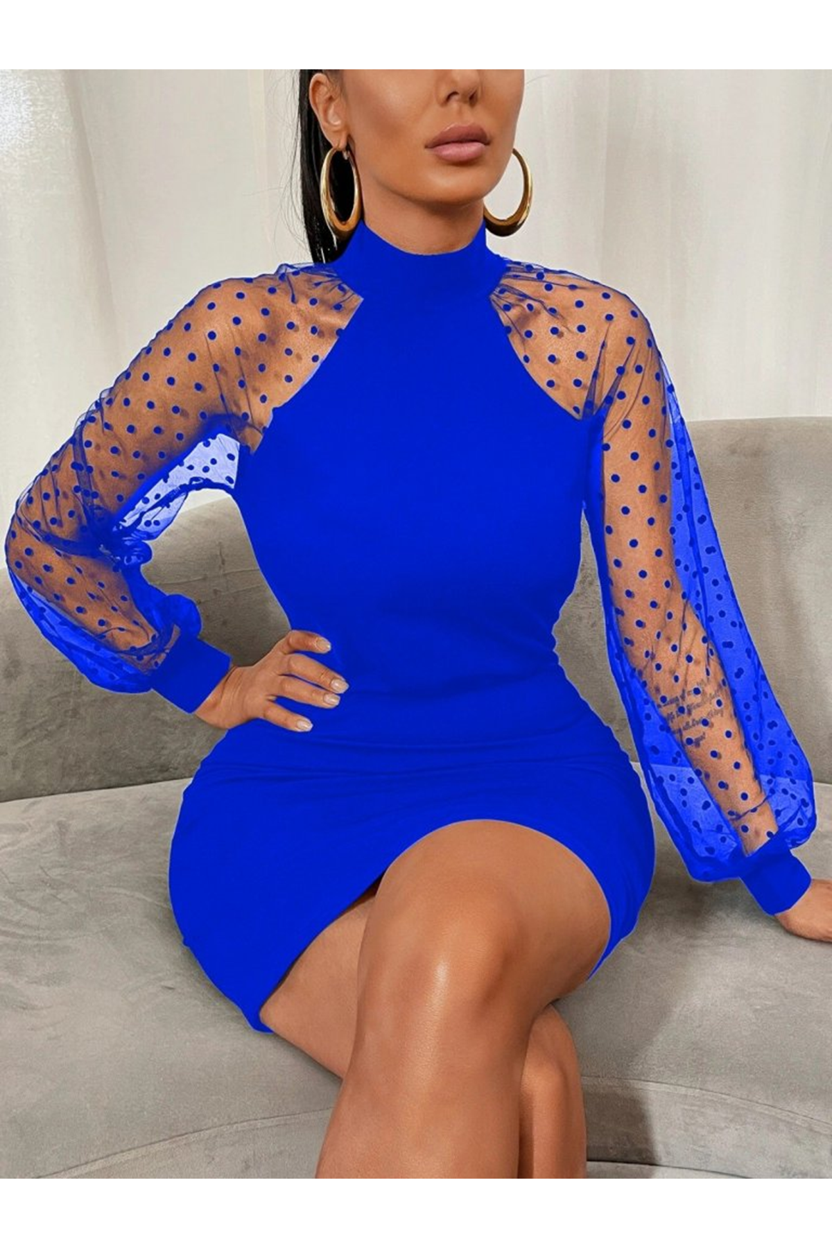 Kadın Uzun Kollu Kollar Tül Puantiye Detay Dalgıç Mini Boy Elbise