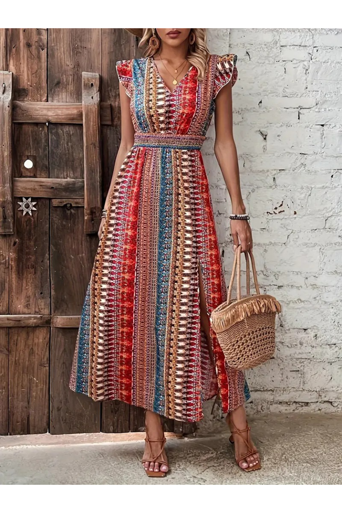 Kadın Kısa Kollu V Yakalı Desenli Yandan Yırtmaçlı Süprem Elbise