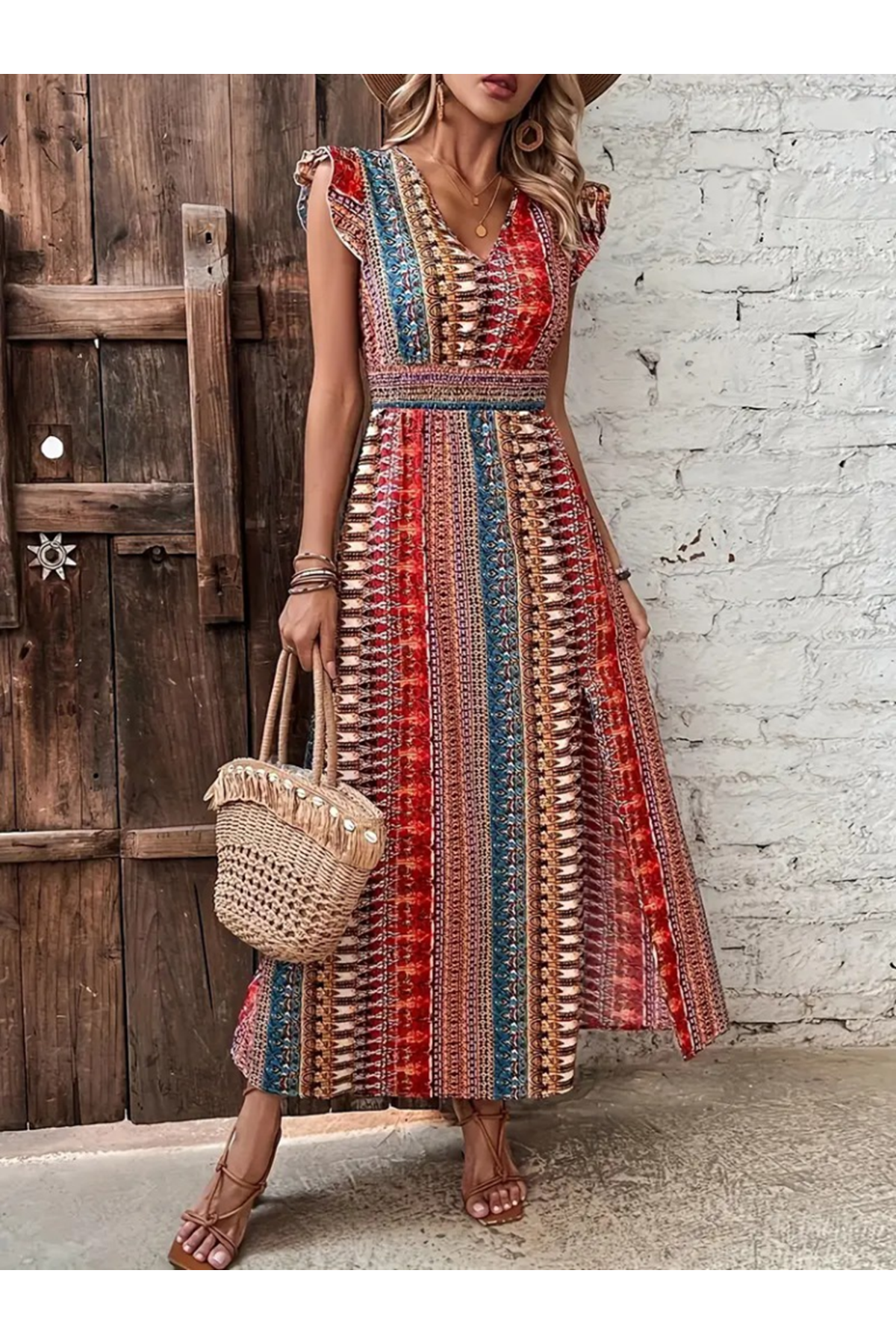 Kadın Kısa Kollu V Yakalı Desenli Yandan Yırtmaçlı Süprem Elbise