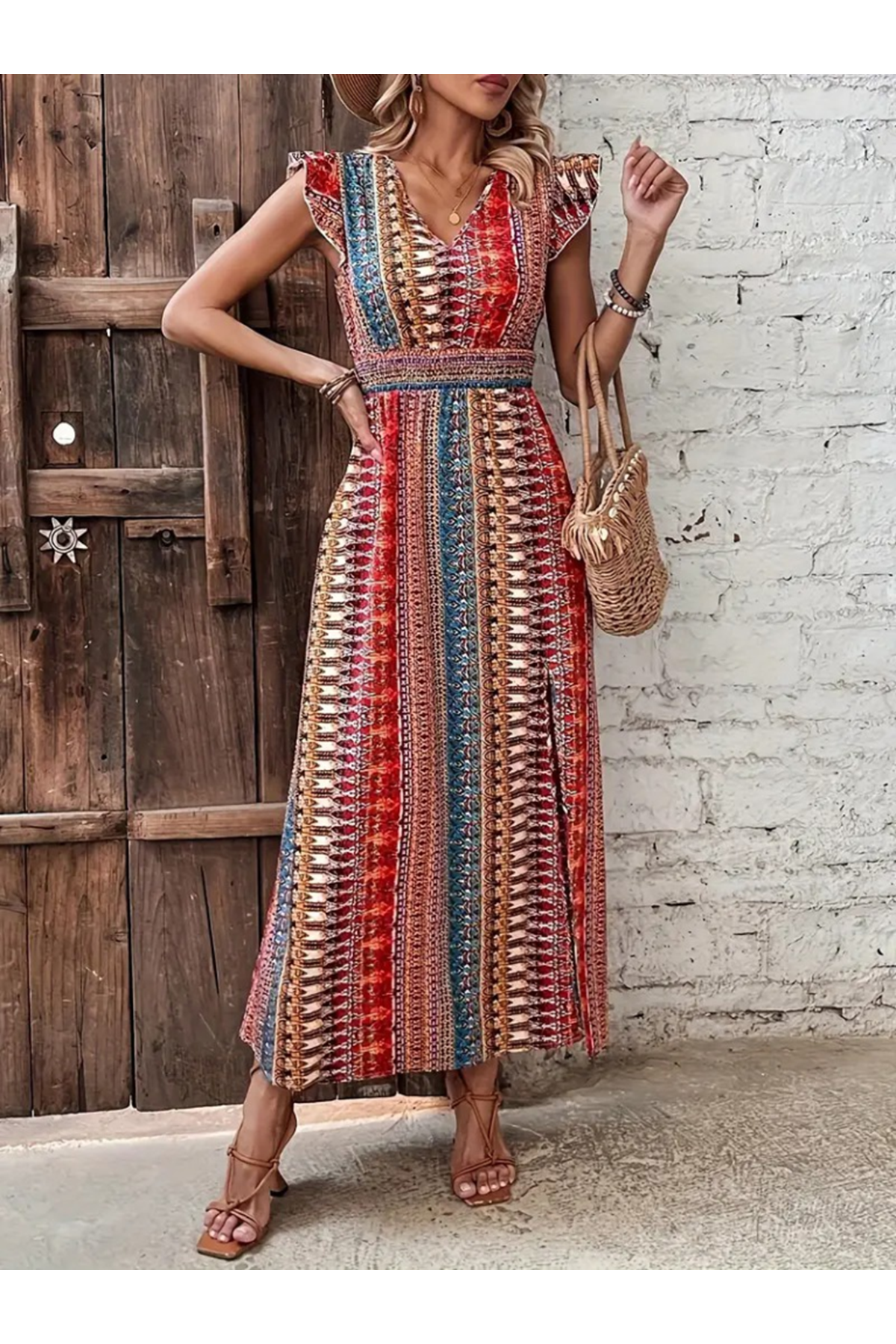 Kadın Kısa Kollu V Yakalı Desenli Yandan Yırtmaçlı Süprem Elbise