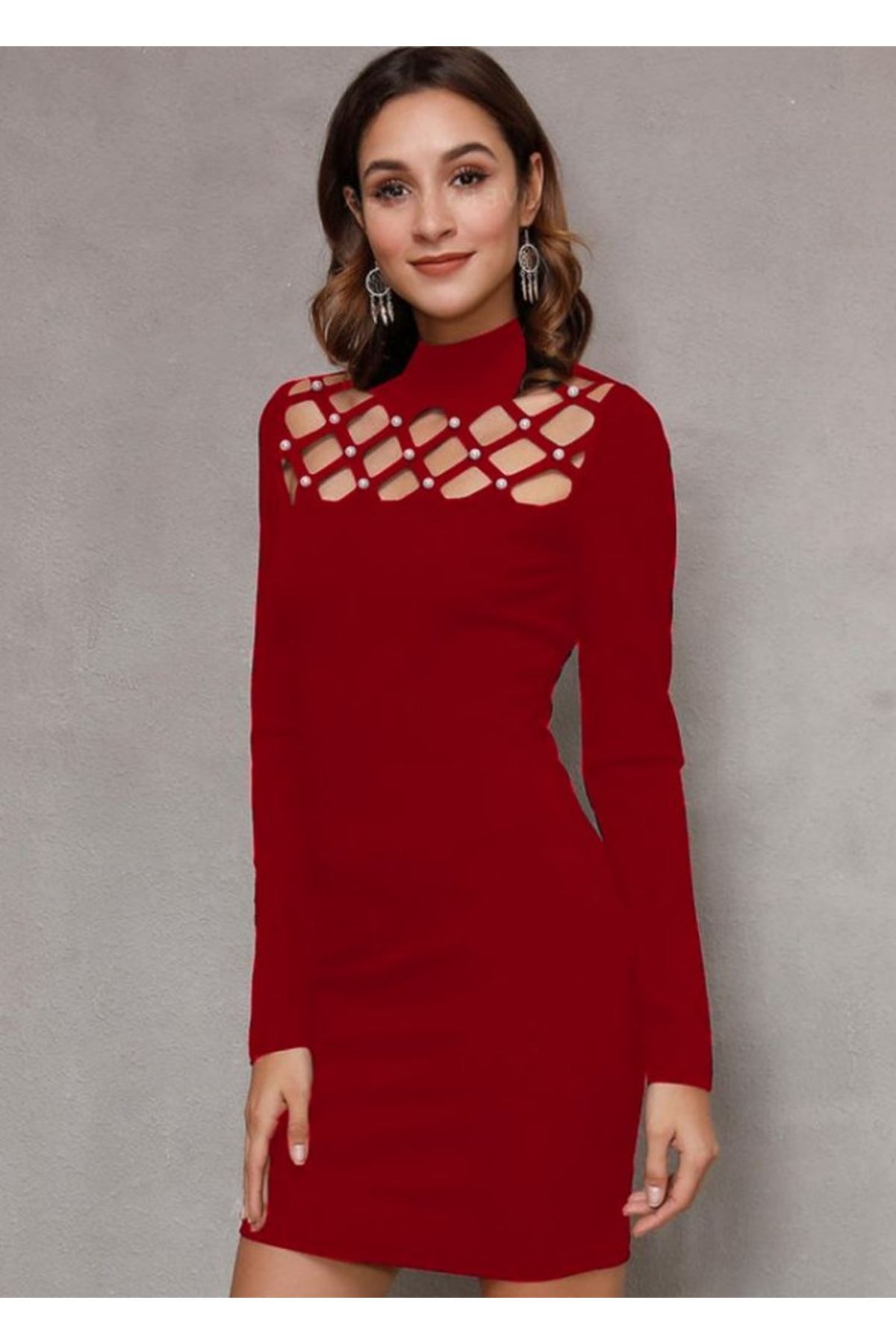 Kadın Uzun Kollu Bisiklet Yaka Lazer Kesim Inci Detay Viskon Iki Iplik Mini Boy Elbise