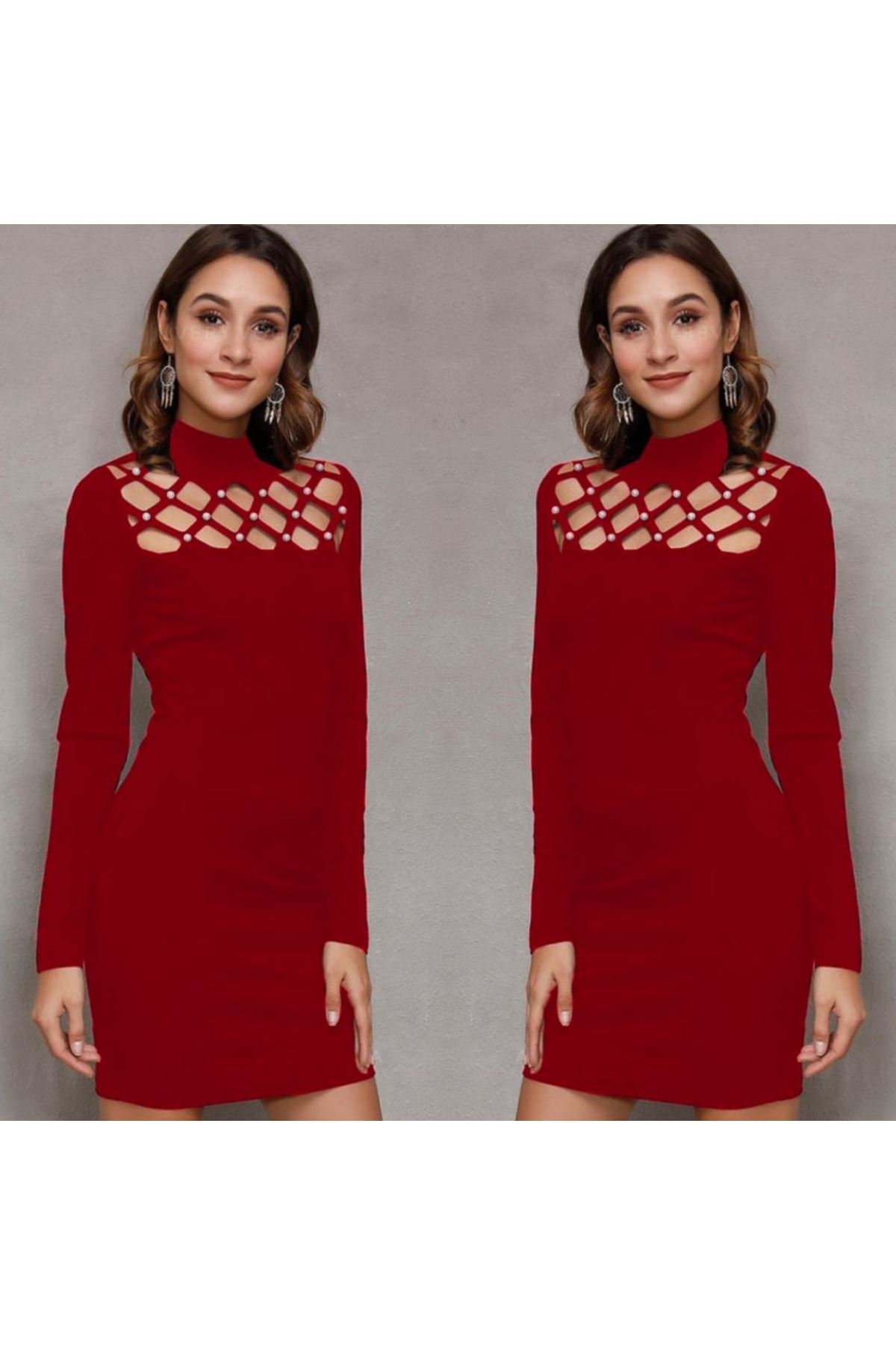Kadın Uzun Kollu Bisiklet Yaka Lazer Kesim Inci Detay Viskon Iki Iplik Mini Boy Elbise
