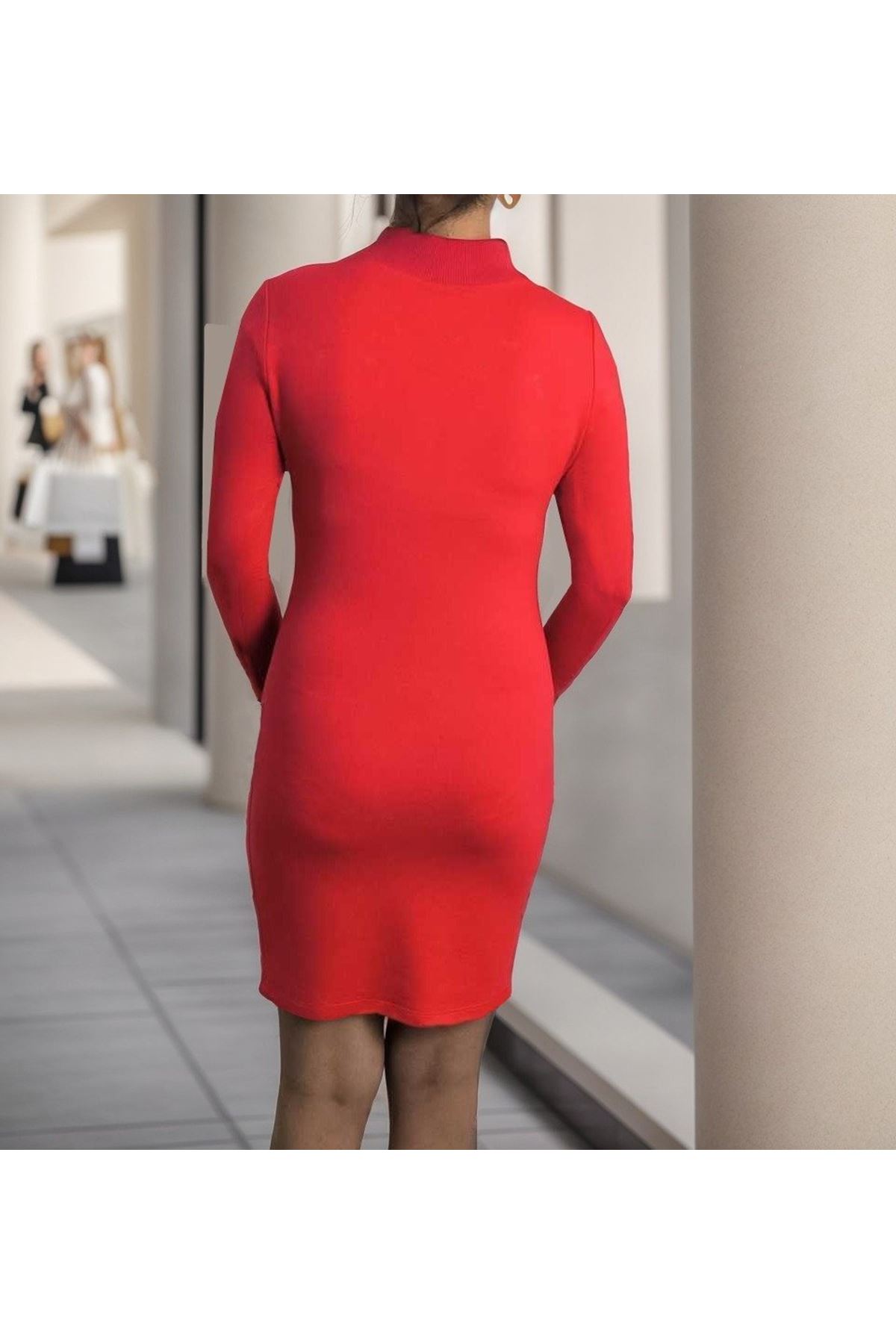 Kadın Uzun Kollu Bisiklet Yaka Lazer Kesim Inci Detay Viskon Iki Iplik Mini Boy Elbise