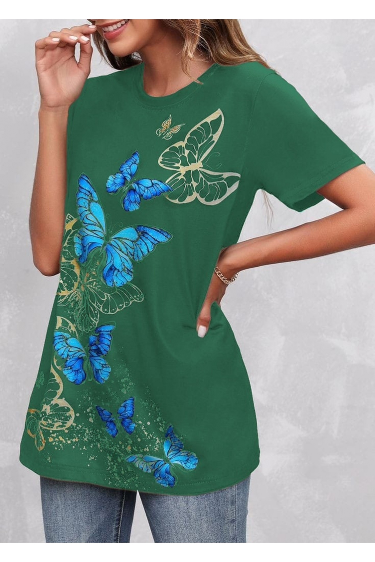Kadın Kısa Kollu Mavi Sarı Kelebek Baskı Süprem Bluz