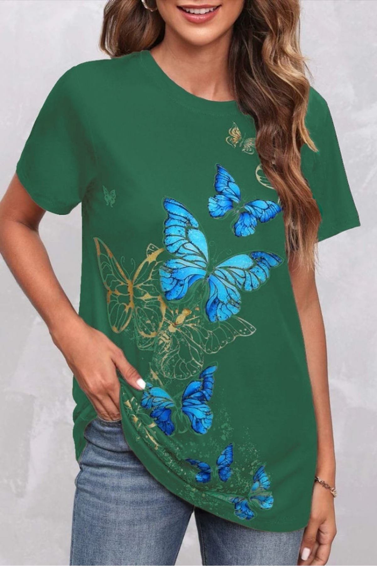 Kadın Kısa Kollu Mavi Sarı Kelebek Baskı Süprem Bluz