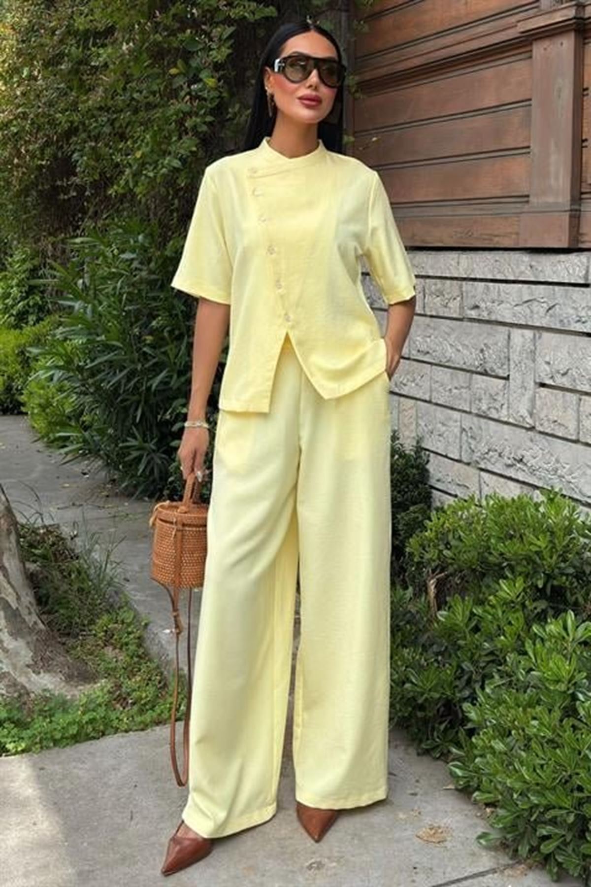 Hakim Yaka Çapraz Düğmeli Plazzo Pantolon Viscon Keten Takım 10209