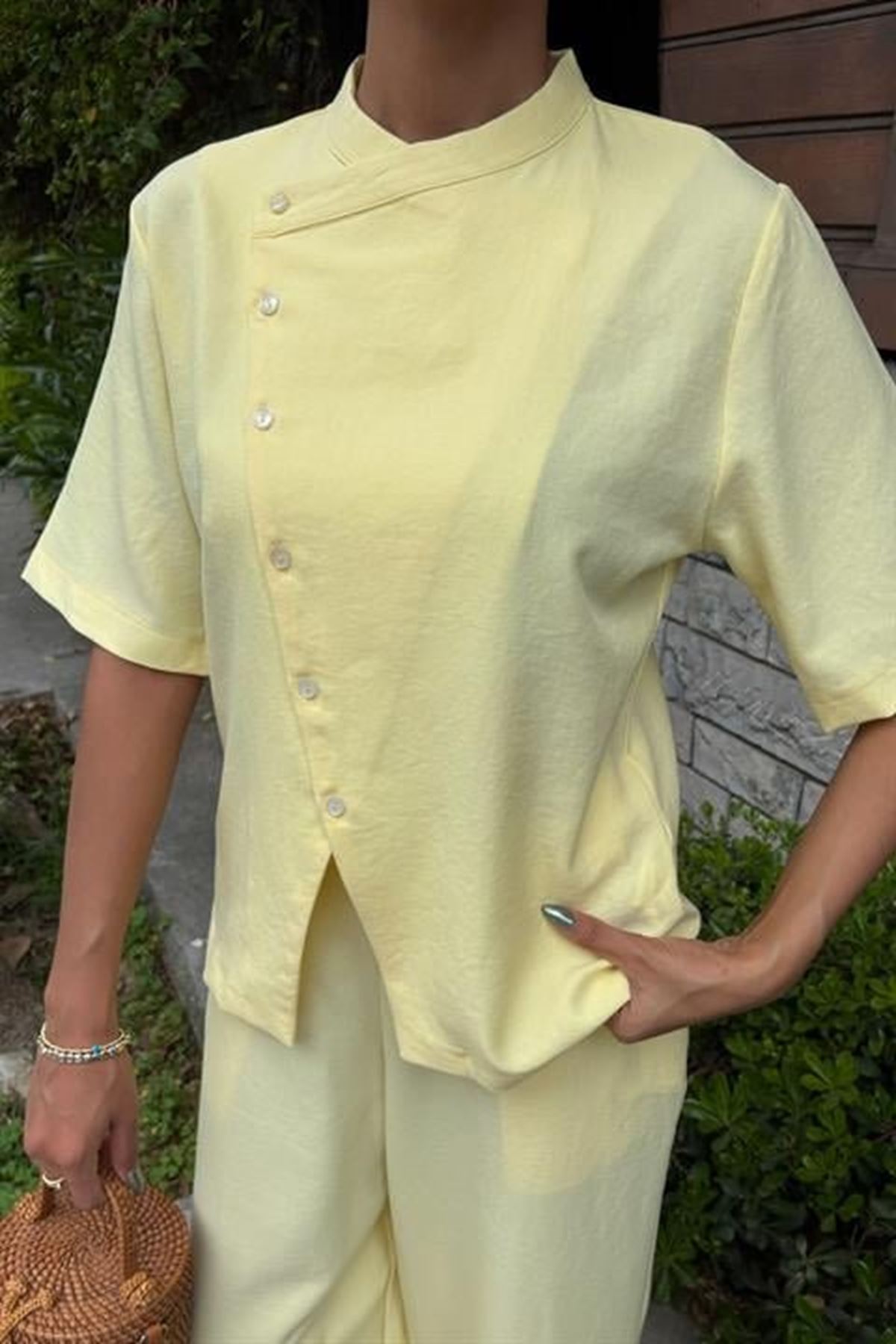 Hakim Yaka Çapraz Düğmeli Plazzo Pantolon Viscon Keten Takım 10209