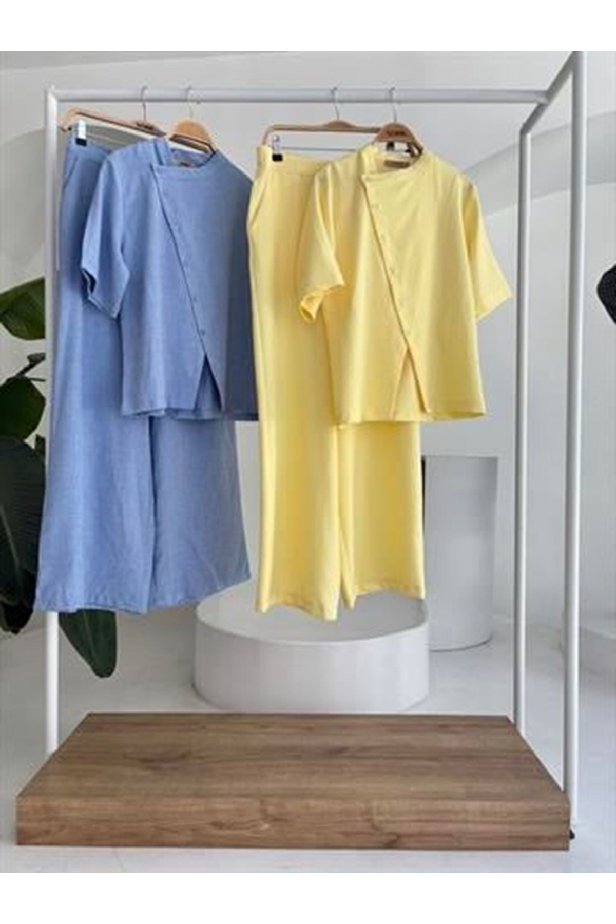 Hakim Yaka Çapraz Düğmeli Plazzo Pantolon Viscon Keten Takım 10209