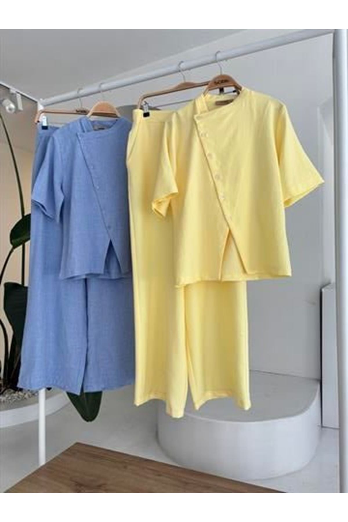 Hakim Yaka Çapraz Düğmeli Plazzo Pantolon Viscon Keten Takım 10209