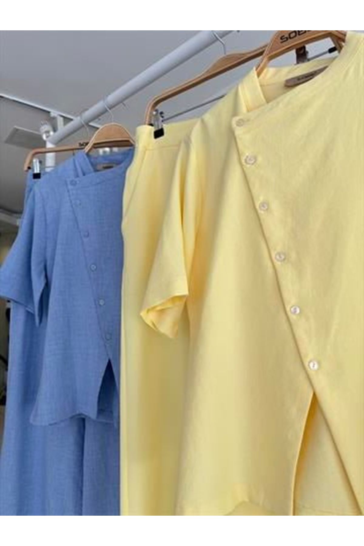 Hakim Yaka Çapraz Düğmeli Plazzo Pantolon Viscon Keten Takım 10209