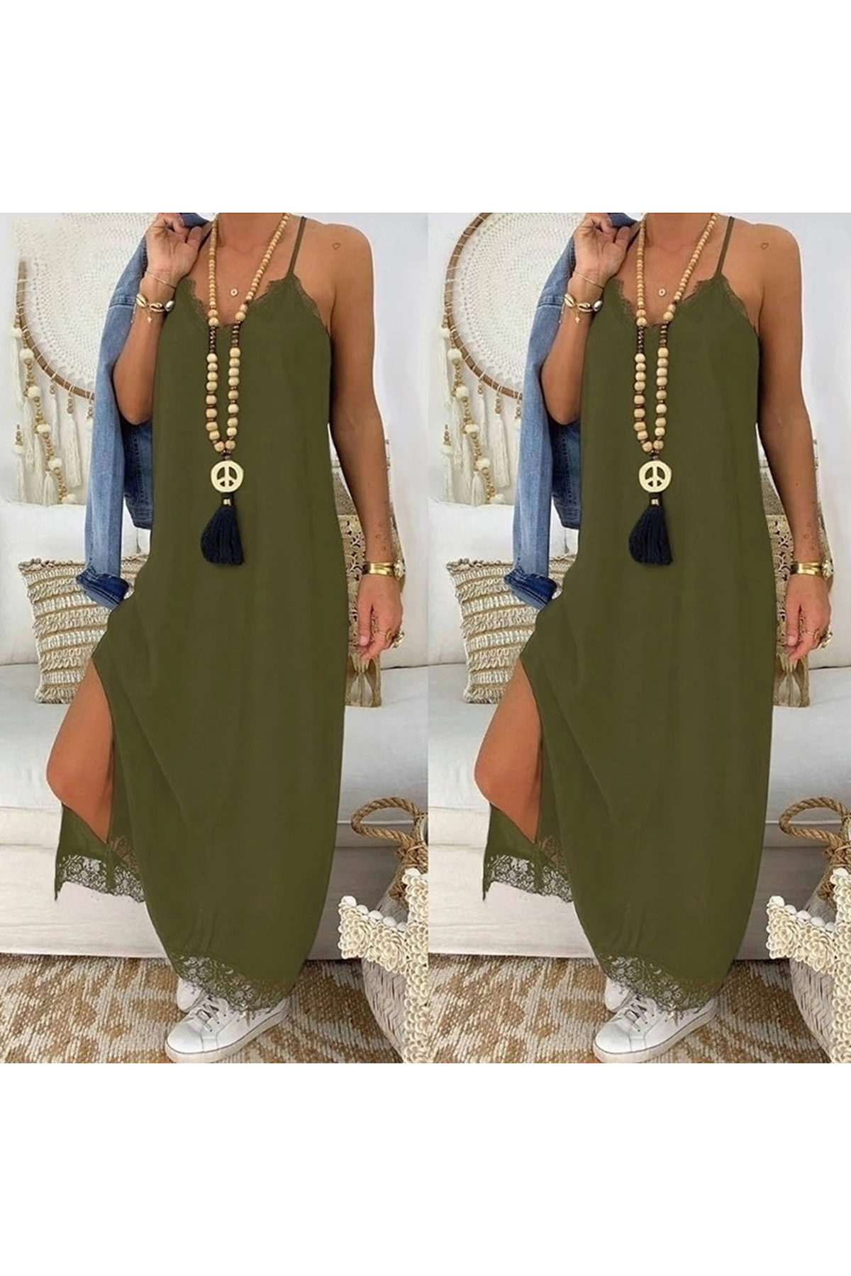 Kadın Haki Dantel Detay Viskon Elbise 3798