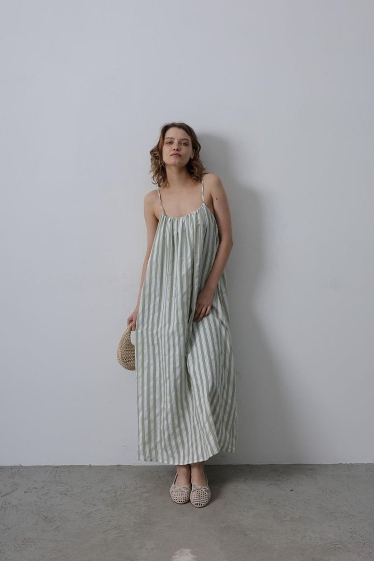 Askılı Çizgi Desen Elbise - Haki