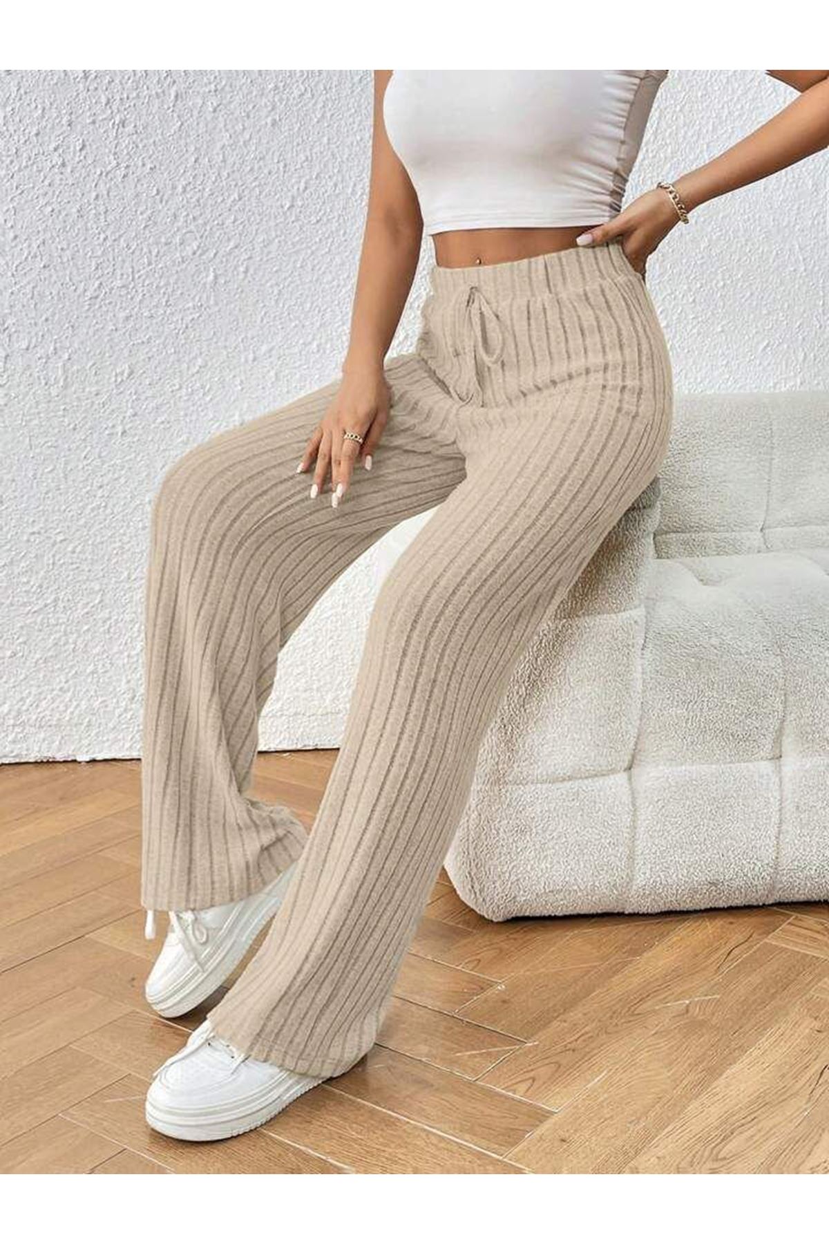 Kadın Hafif şardonlu Full Likralı Fitilli Kaşkorse Kumaş Bol Paça Pantolon