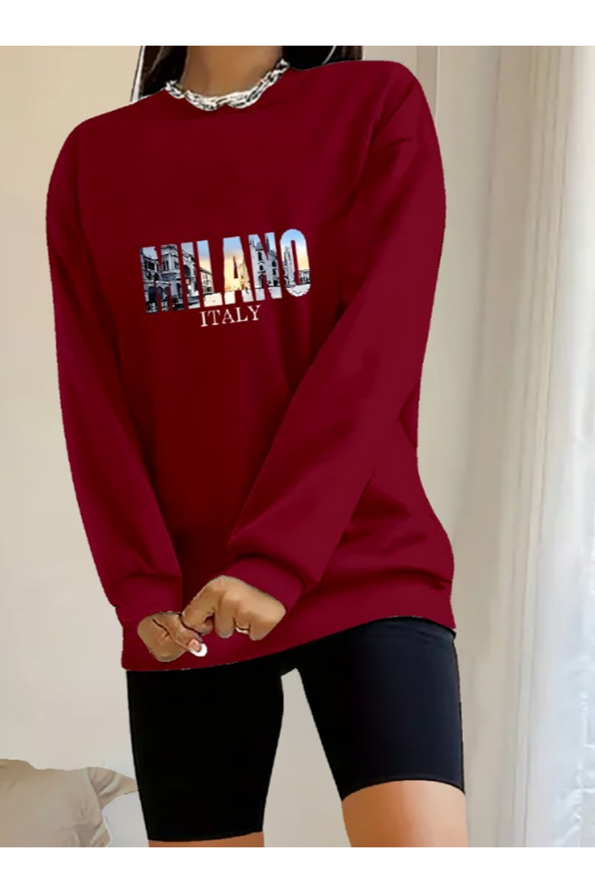 Kadın Uzun Kollu Bisiklet Yaka Desenli Viskon Iki Iplik Bluz