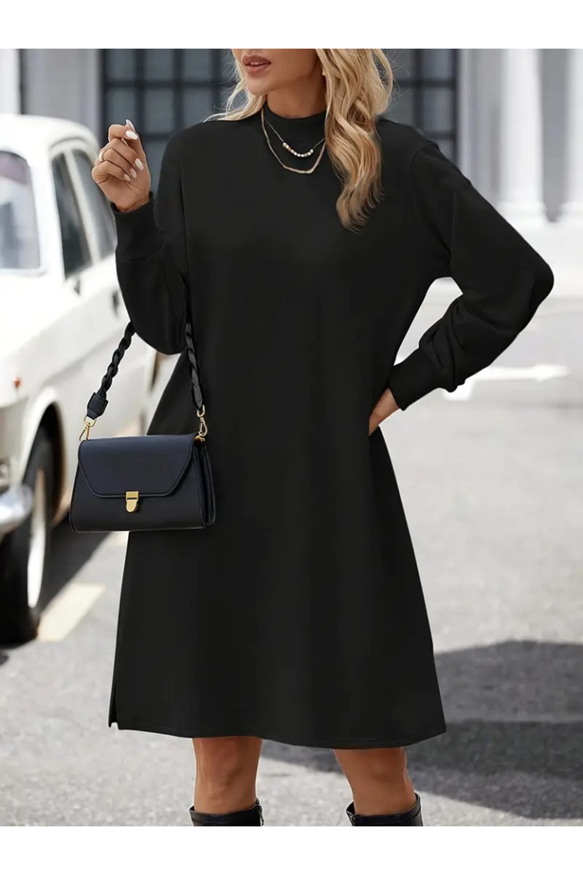 Kadın Uzun Kollu Balıkçı Yaka Kısa şardonlu Dalgıç Elbise