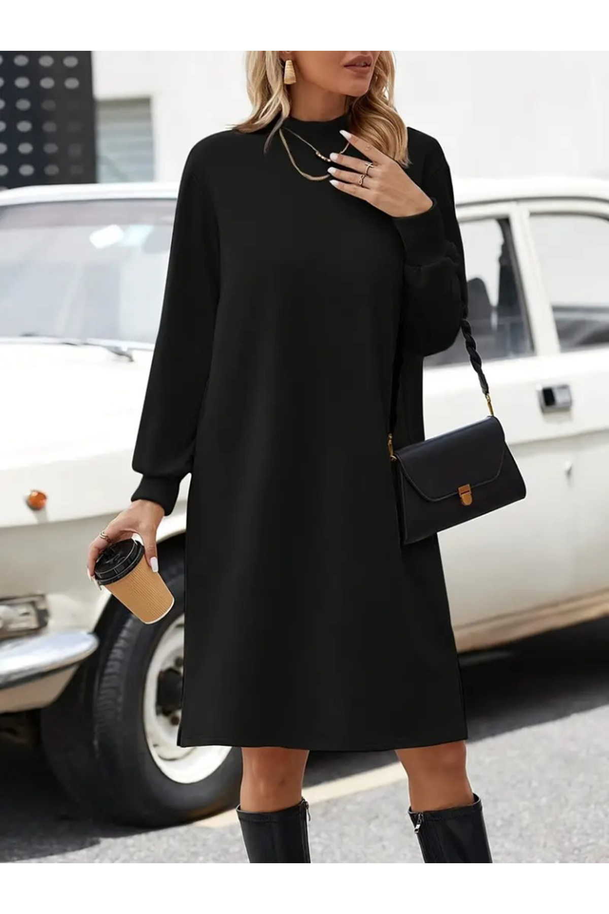 Kadın Uzun Kollu Balıkçı Yaka Kısa şardonlu Dalgıç Elbise