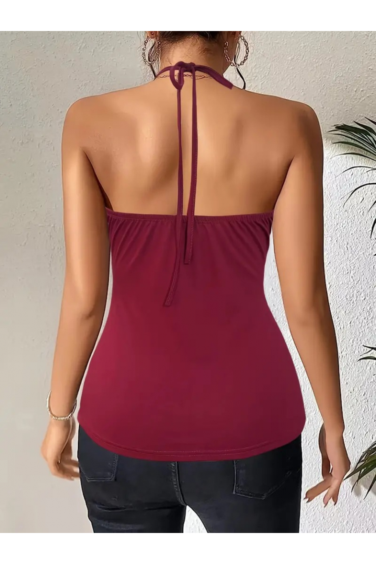 Kadın Kuş Gözü Ve Dekolte Detay Boyundan Bağlamalı Viskon Bluz