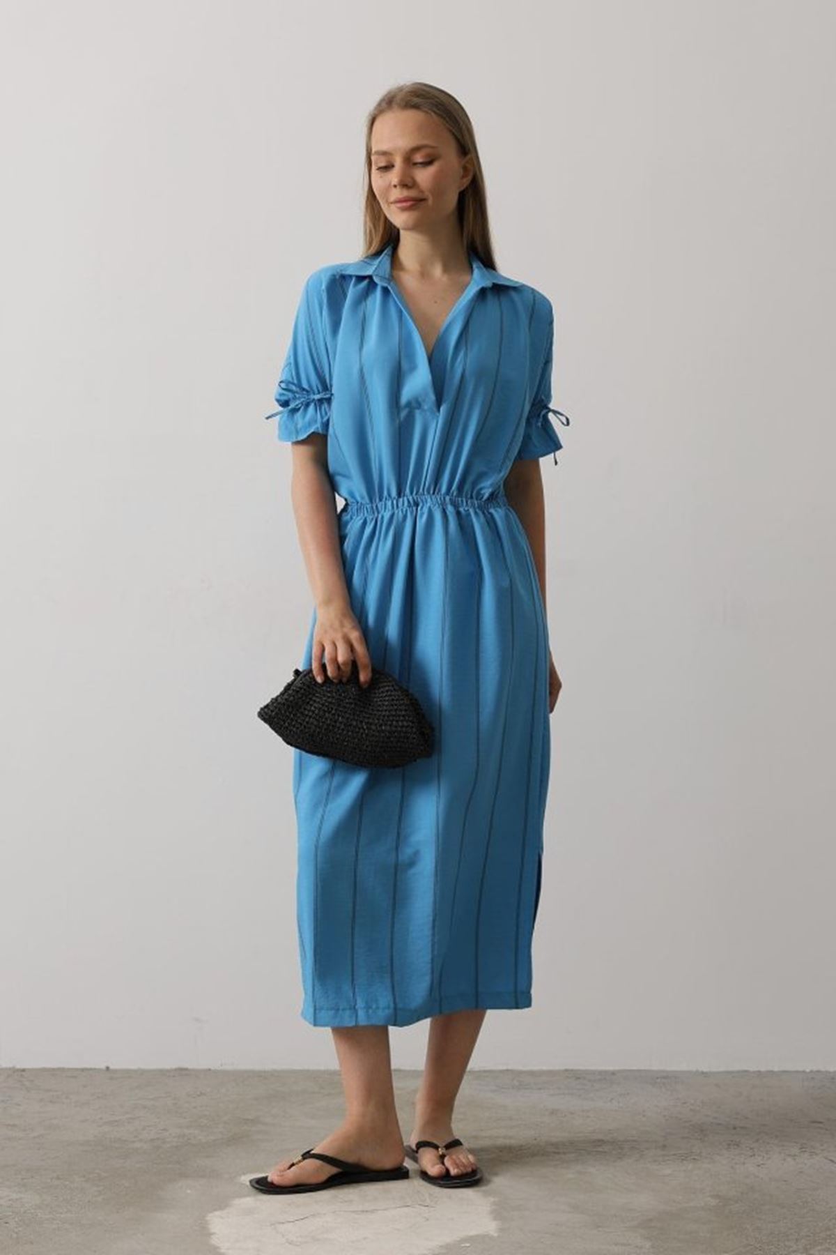 Beli Lastikli Elbise - Mavi