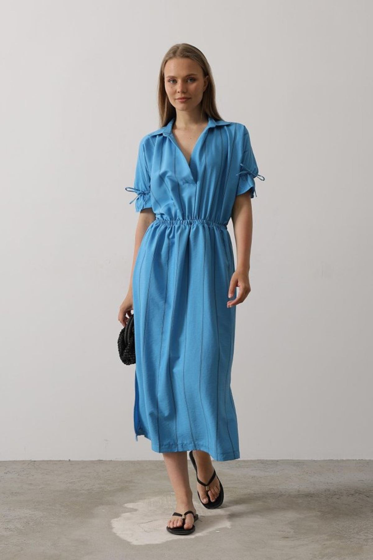 Beli Lastikli Elbise - Mavi