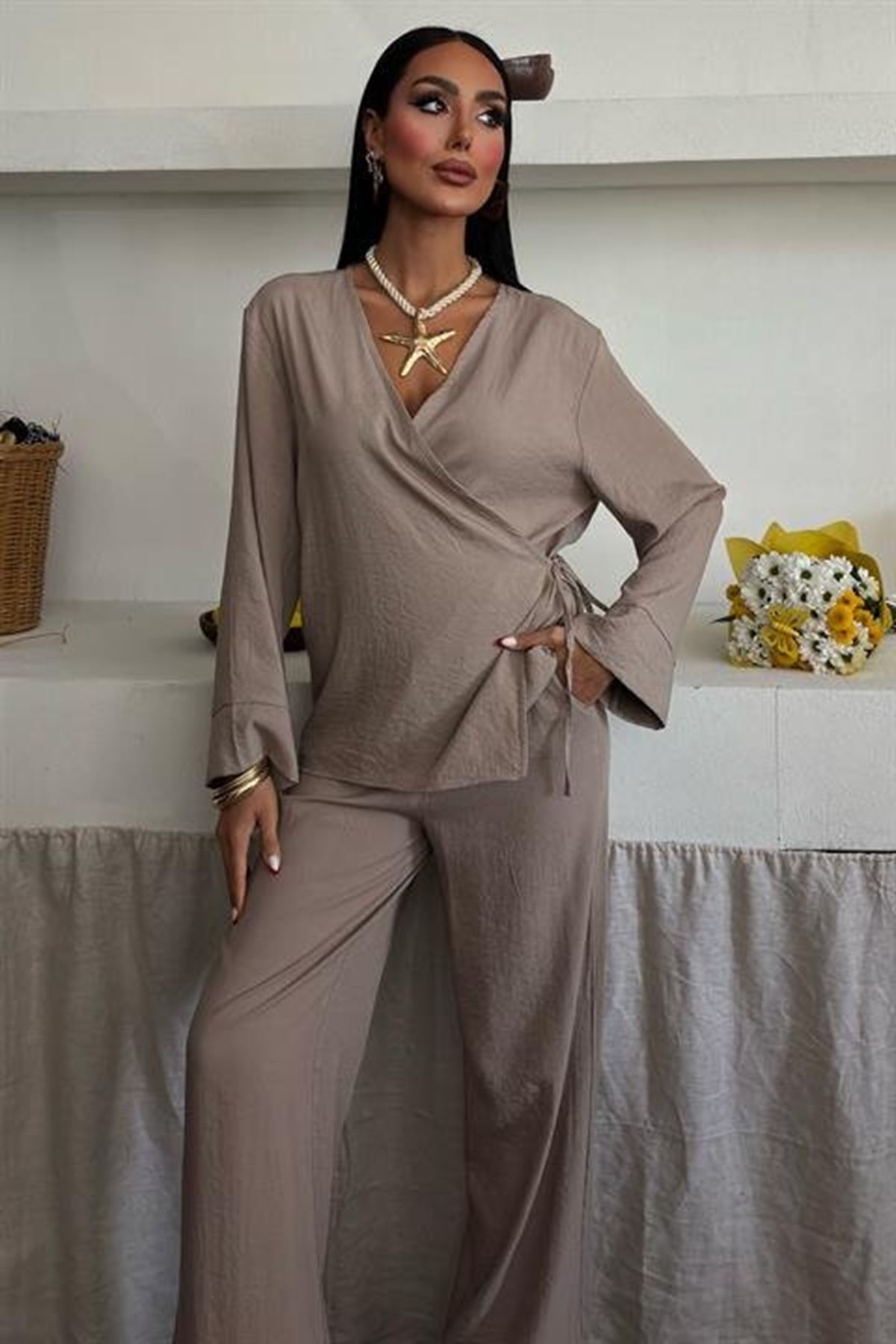 Kruvaze Model Klasik Pantolonlu Çupra Keten Takım 10191