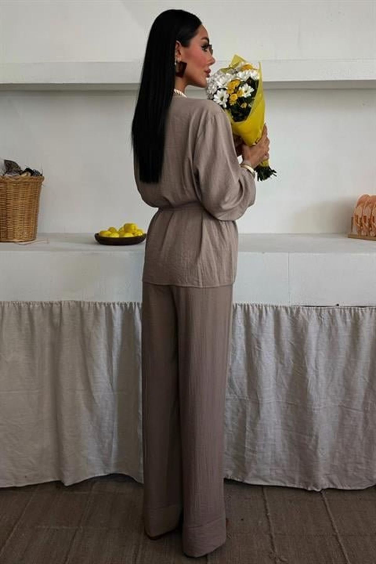 Kruvaze Model Klasik Pantolonlu Çupra Keten Takım 10191