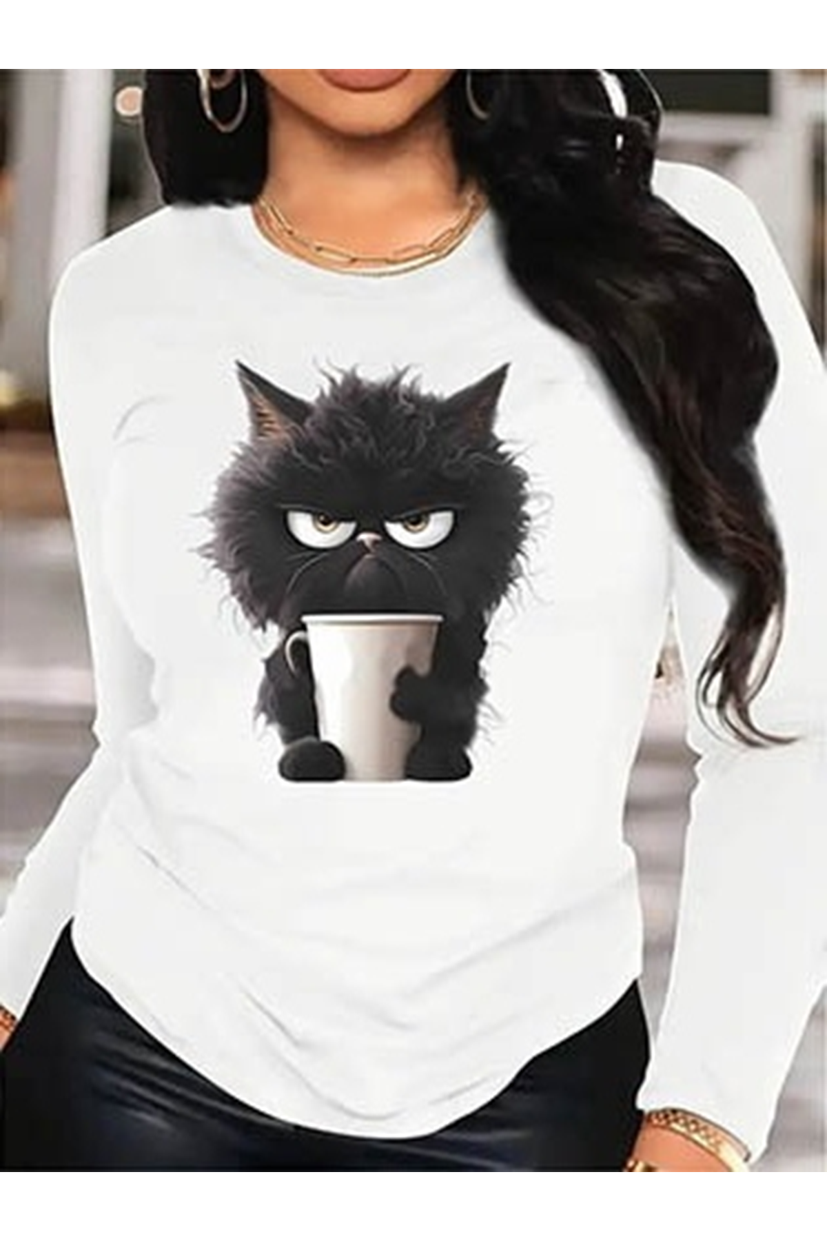 Kadın Uzun Kollu Bisiklet Yaka Baskılı Viskon Bluz