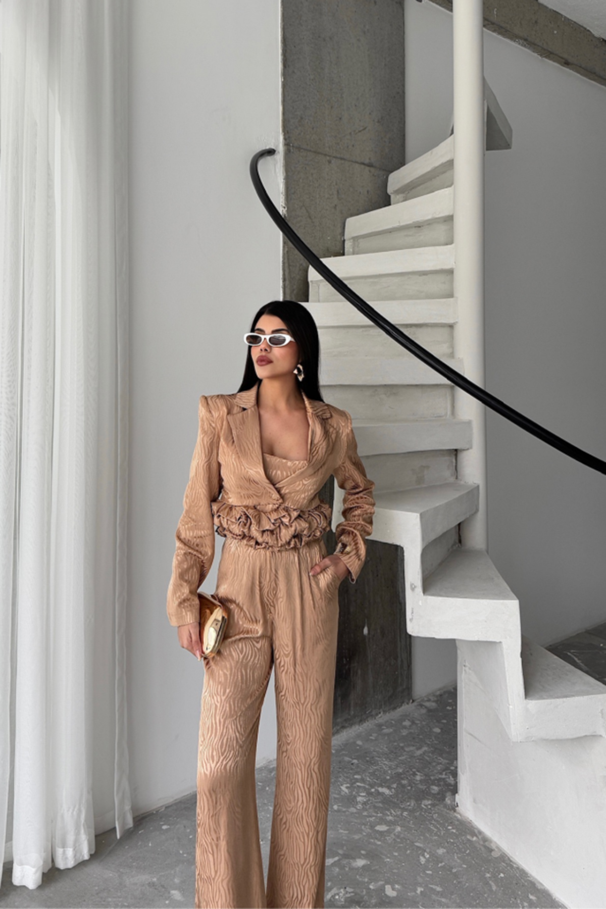 JAKARLI BLUZU TASARIM DETAYLI CEKET-PANTOLON-BLUZ 3 LÜ TAKIM - Bej