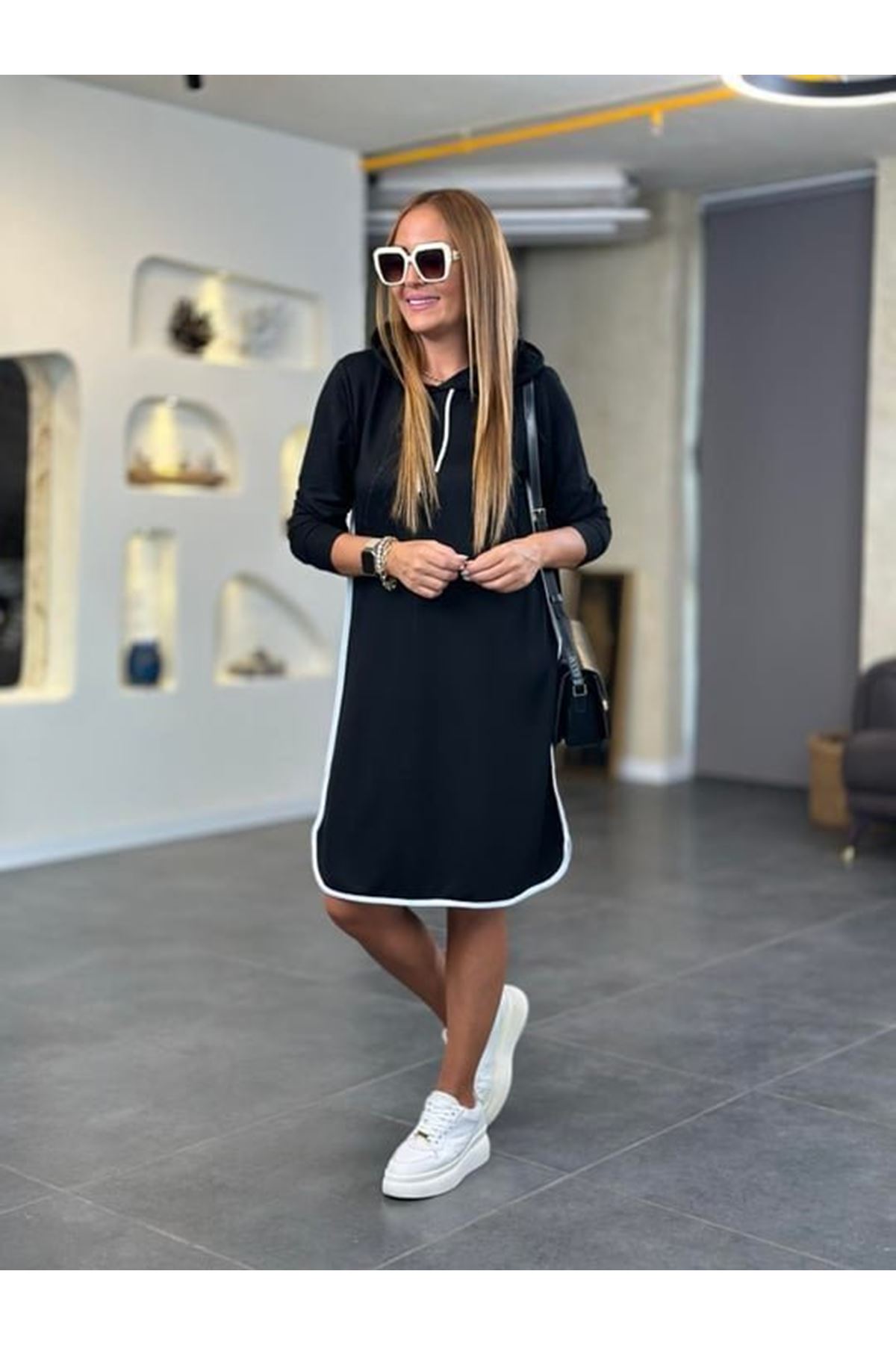 Kadın Uzun Kollu Kapüşon Ve Ribana Detay Diz üstü Elbise