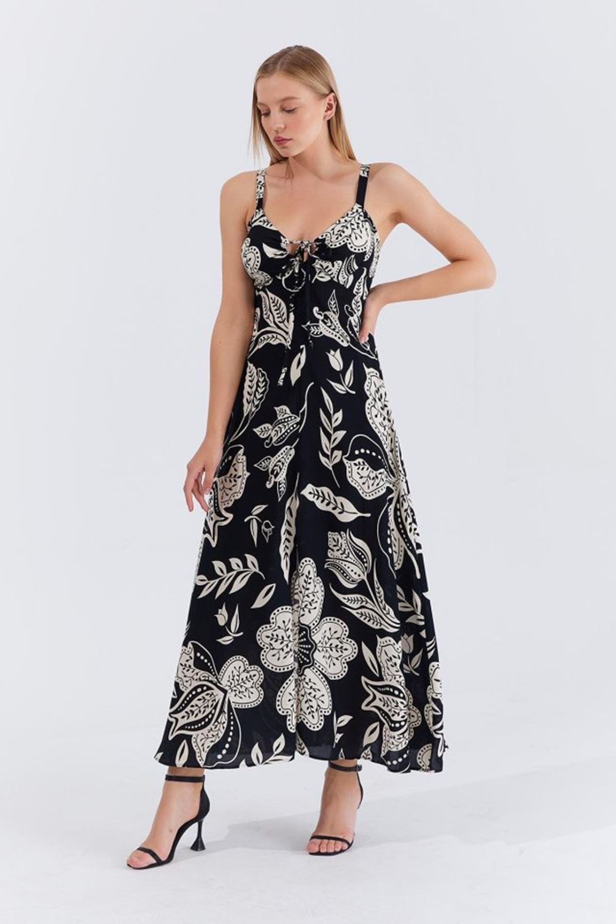 Askılı Viscon Elbise - Siyah