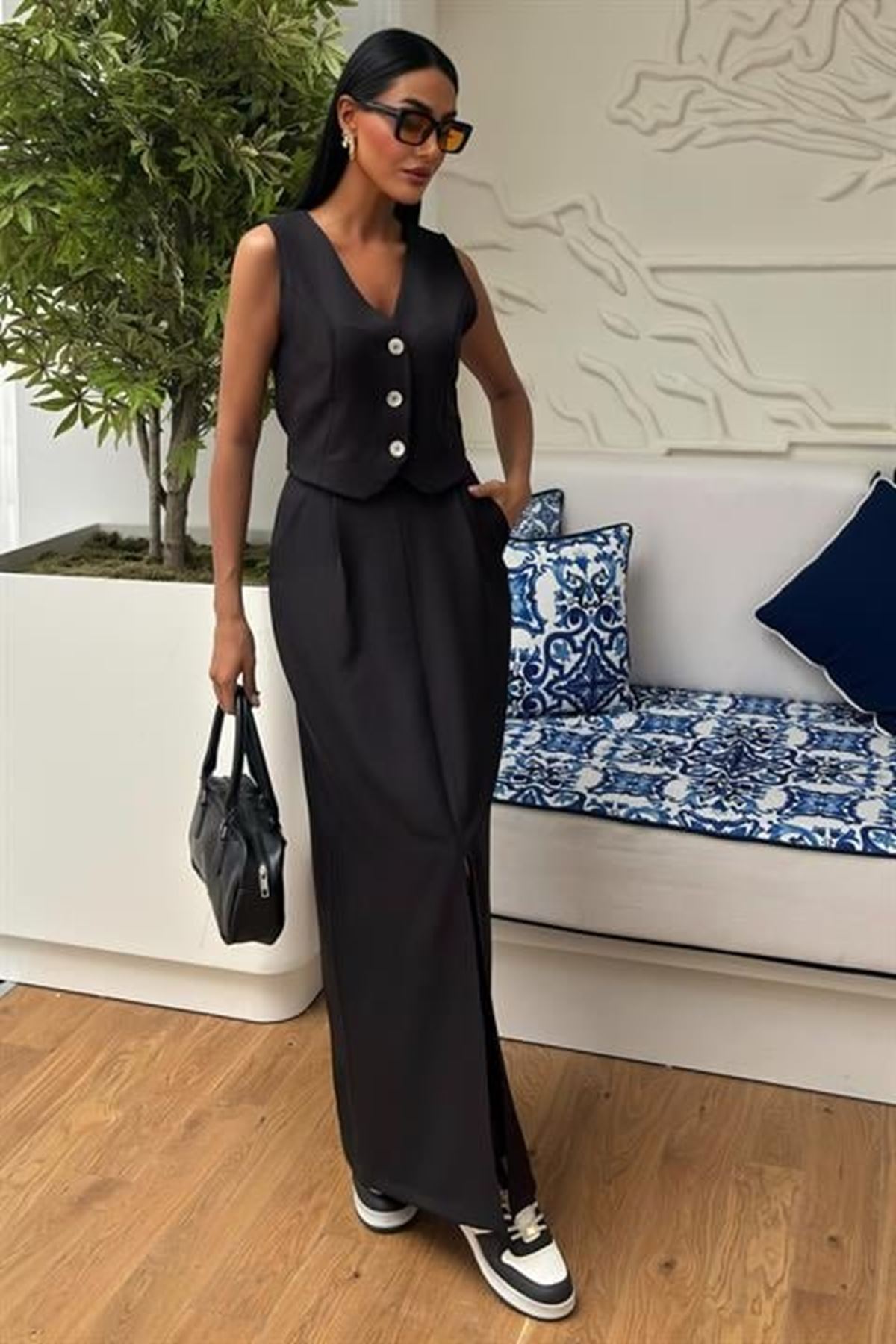 Etek Yırtmaçlı Yelekli Keten Takım 10131