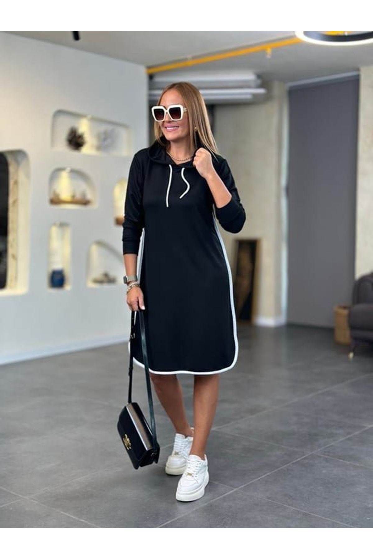 Kadın Uzun Kollu Kapüşon Ve Ribana Detay Diz üstü Elbise