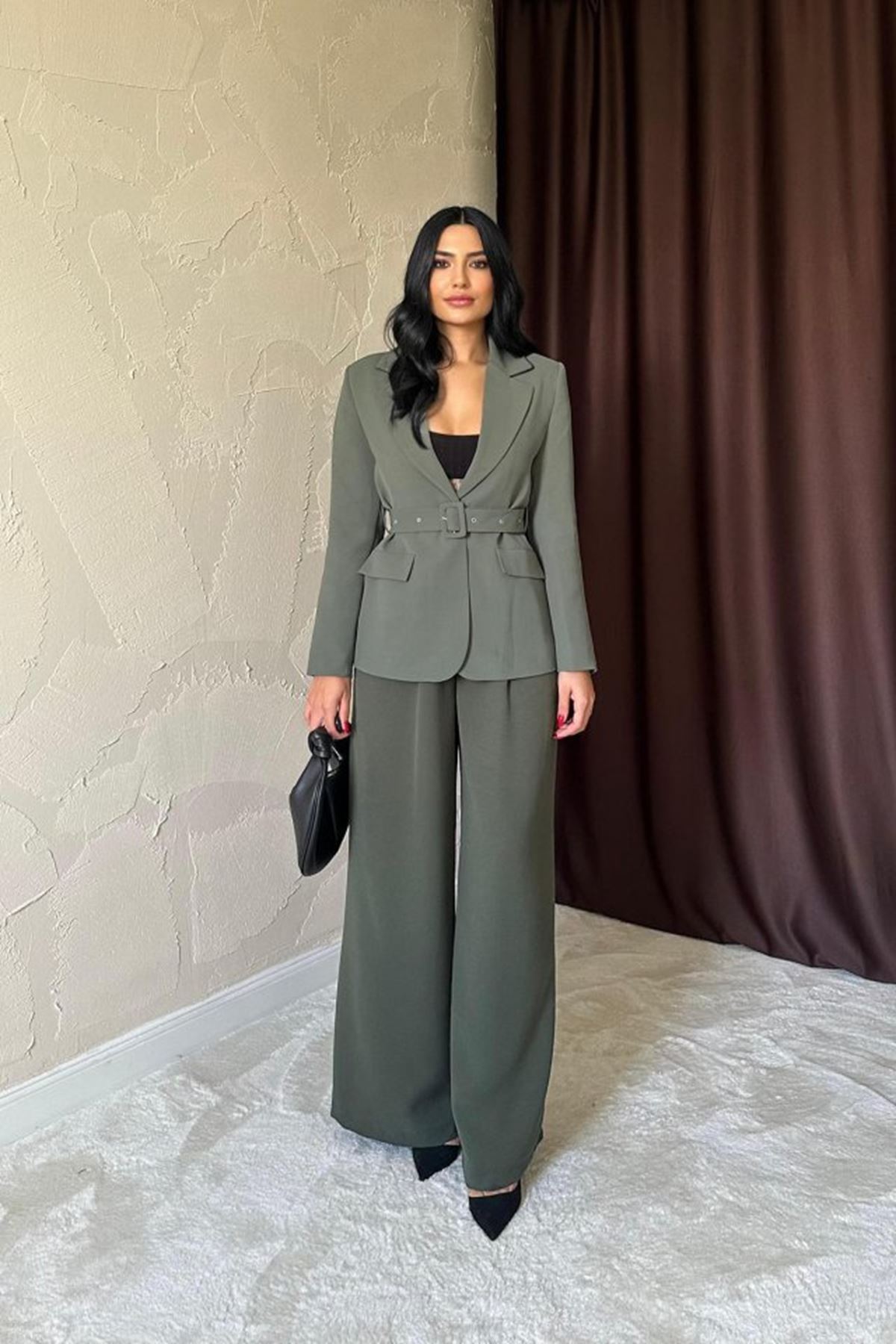 Haki Cep Kapaklı Ve Kemerli Ceket