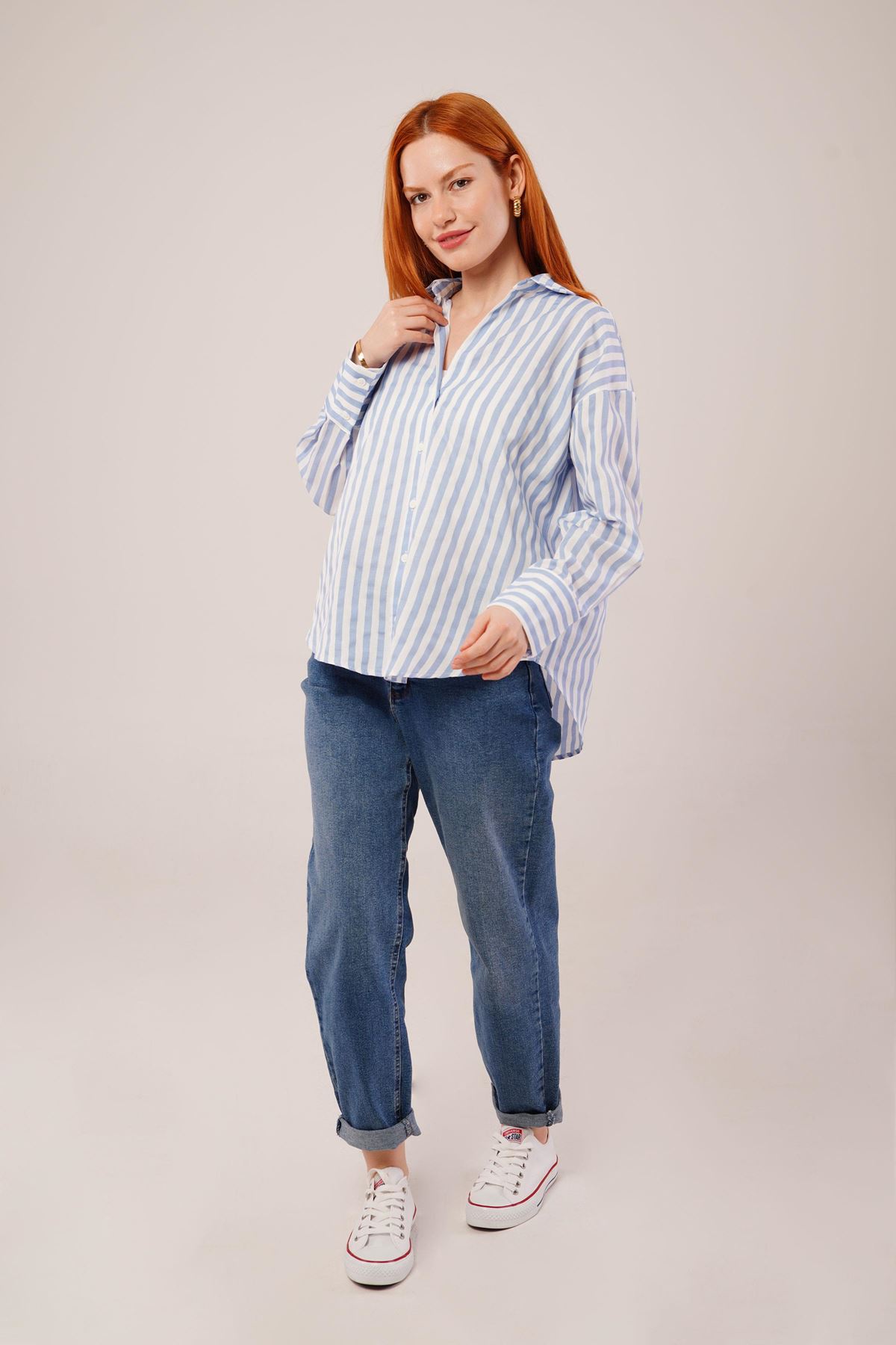 Çizgili Rahat Kesim Mavi Gömlek