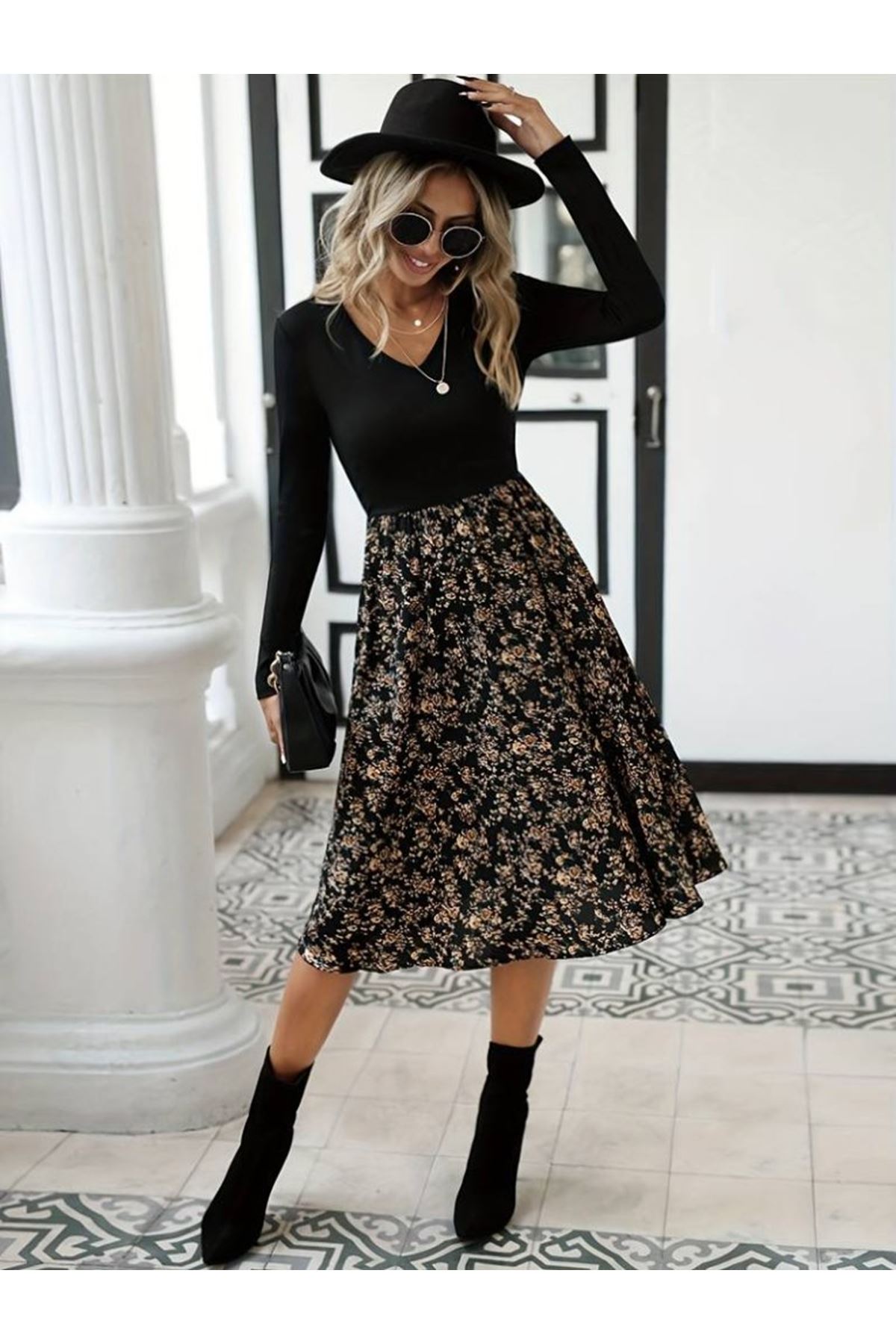 Kadın Uzun Kollu V Yakalı üst Viskon Alt çiçek Desenli Süprem Kısa Elbise