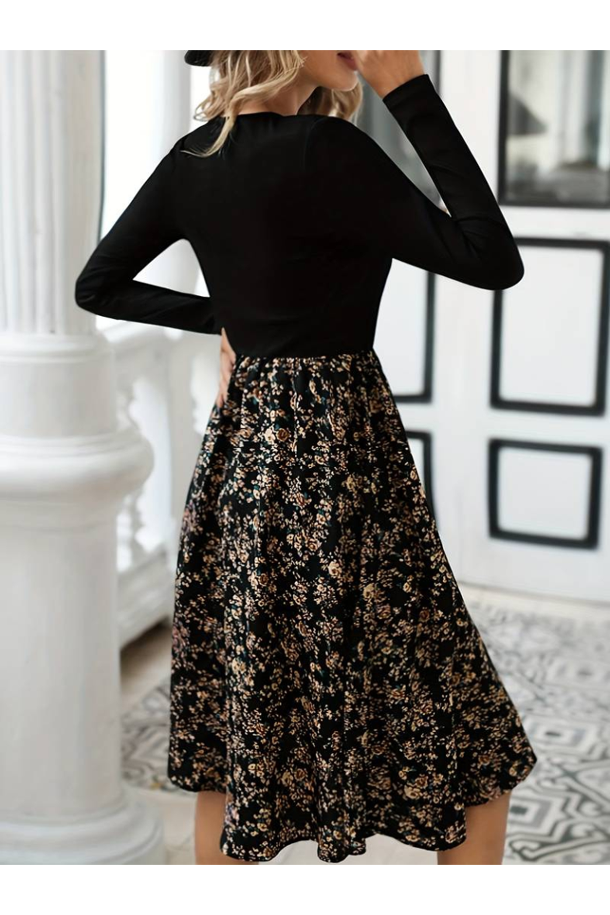 Kadın Uzun Kollu V Yakalı üst Viskon Alt çiçek Desenli Süprem Kısa Elbise