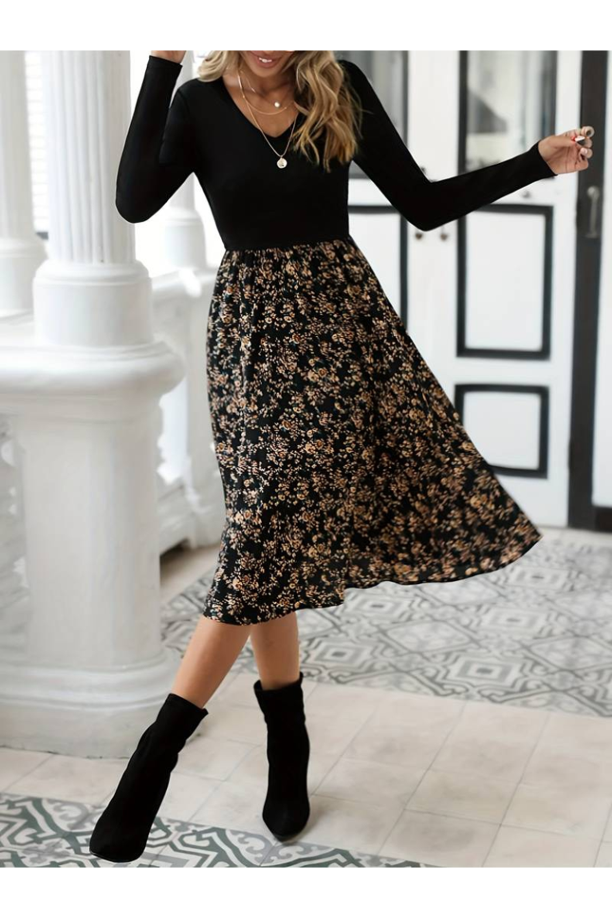 Kadın Uzun Kollu V Yakalı üst Viskon Alt çiçek Desenli Süprem Kısa Elbise