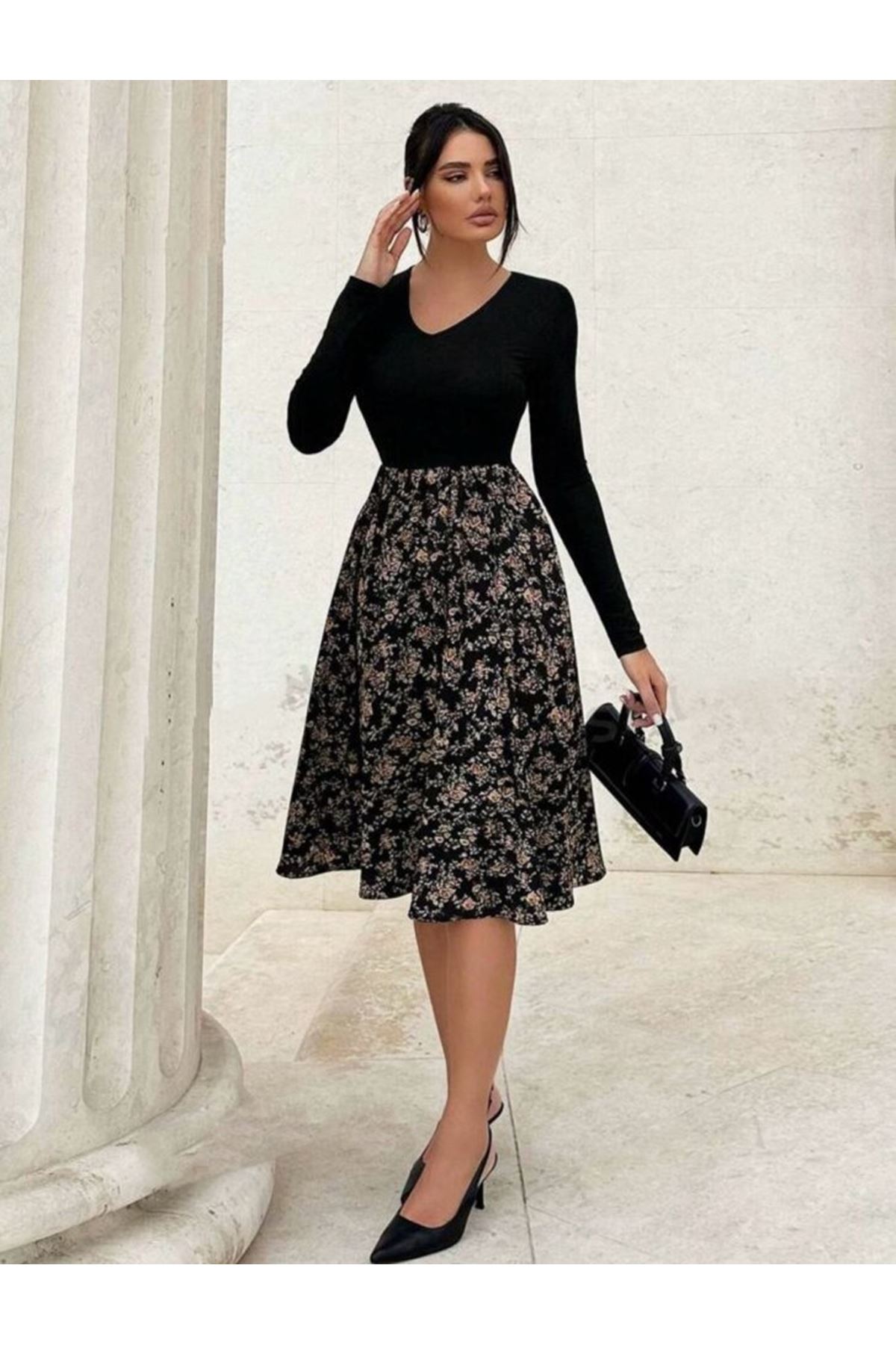 Kadın Uzun Kollu V Yakalı üst Viskon Alt çiçek Desenli Süprem Kısa Elbise