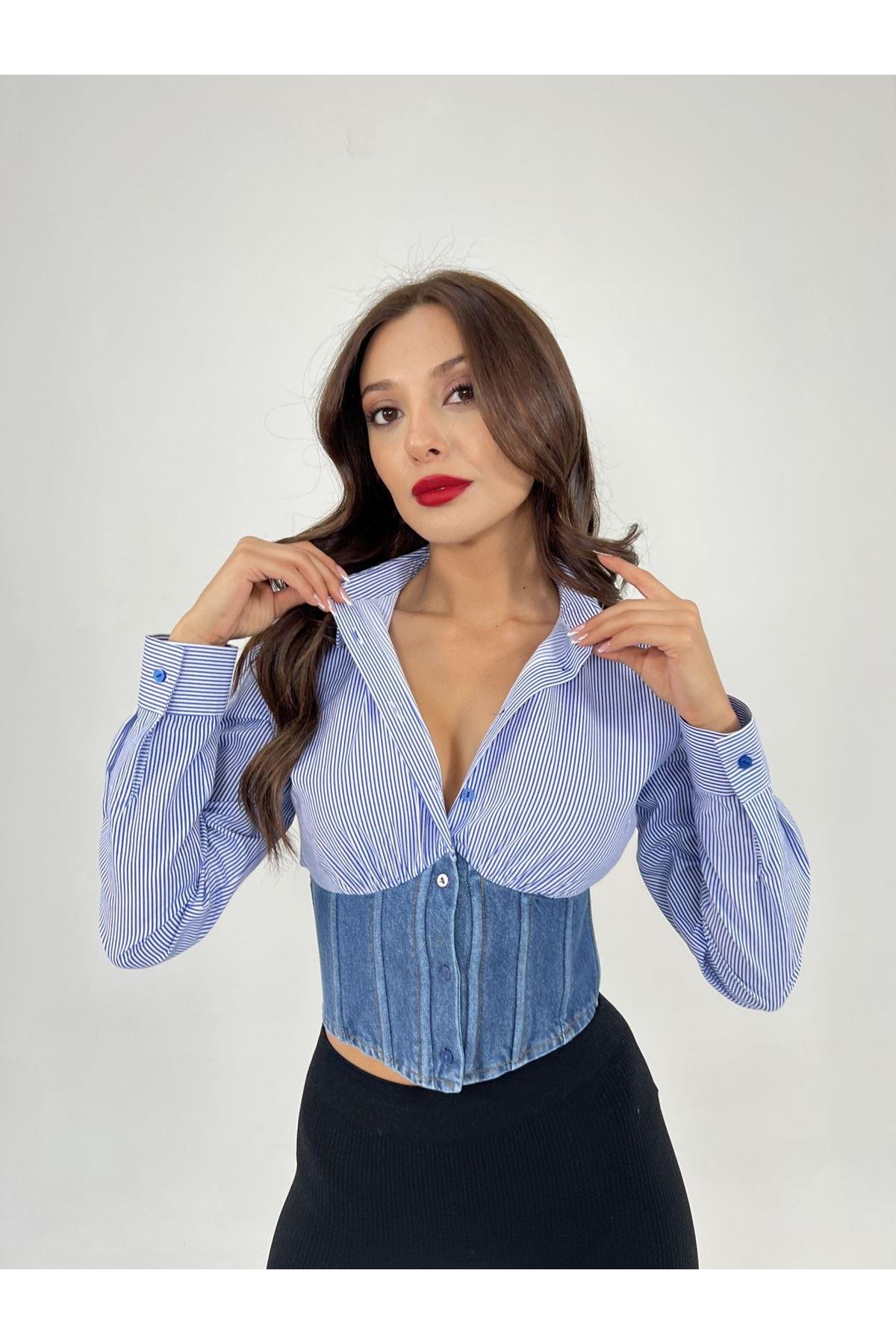 6963 GÖMLEK-MAVİ BEYAZ ÇİZGİLİ