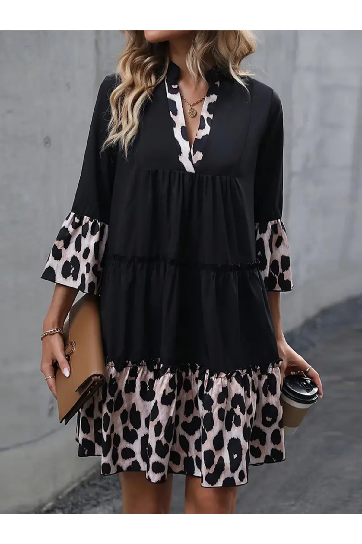 Kadın Fakir Kol V Yakalı Leopar Desen Detaylı Trikoton Elbise