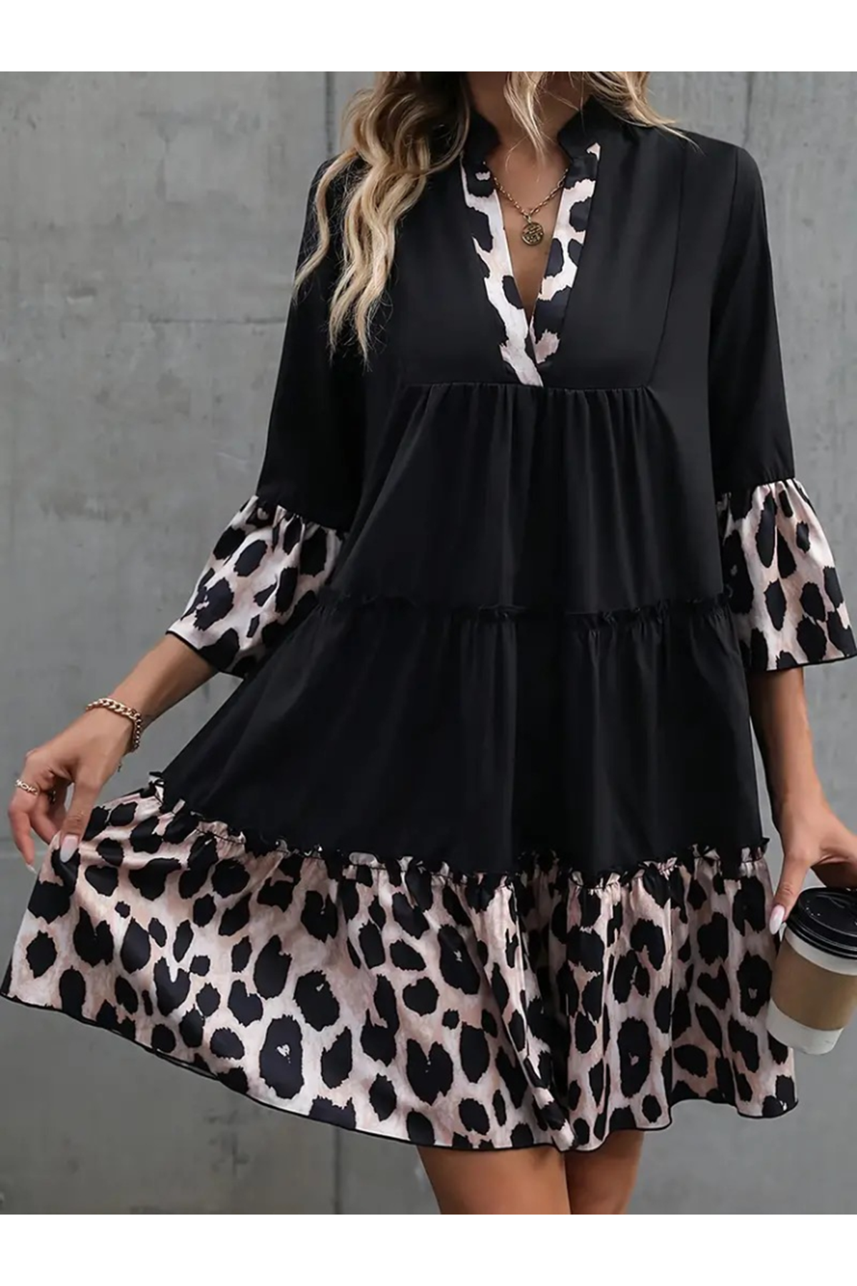 Kadın Fakir Kol V Yakalı Leopar Desen Detaylı Trikoton Elbise