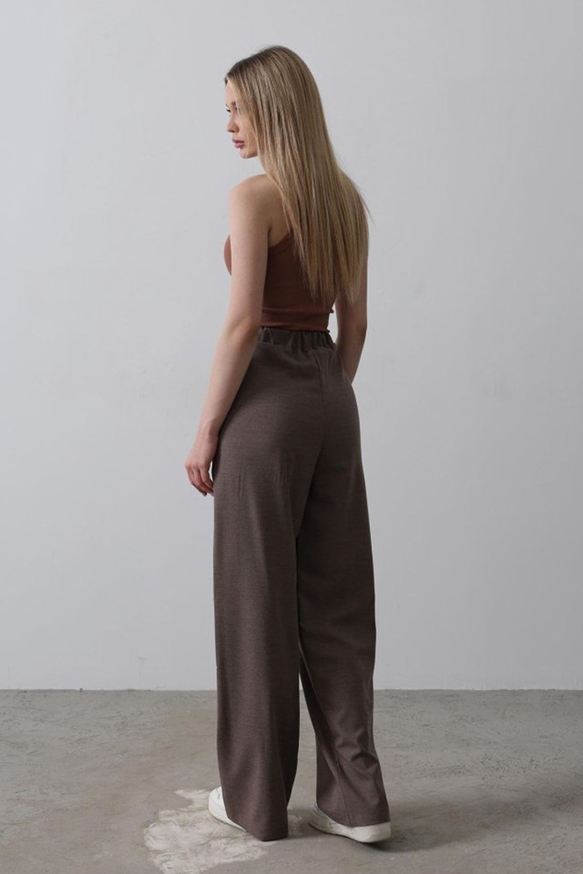 Beli Yarım Lastikli Palazzo Pantolon - Kahve
