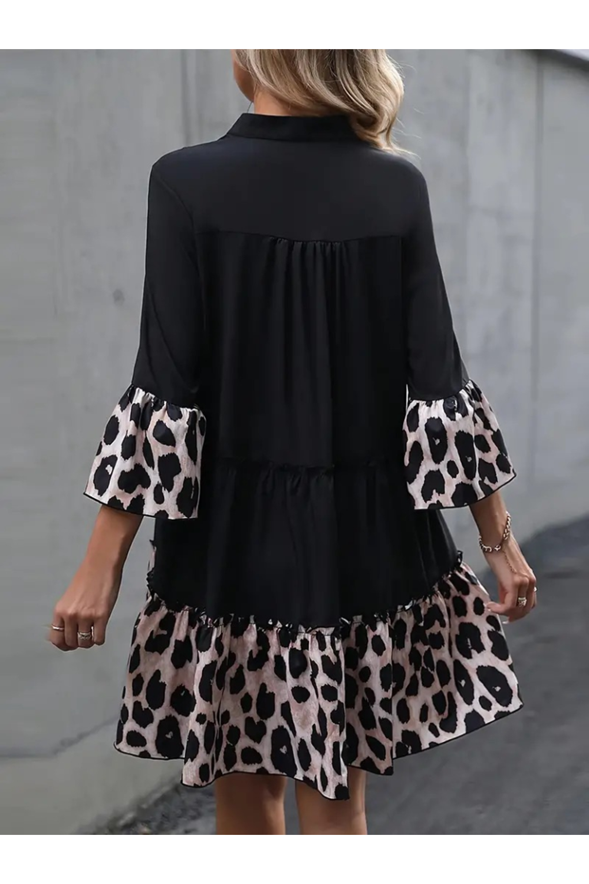 Kadın Fakir Kol V Yakalı Leopar Desen Detaylı Trikoton Elbise