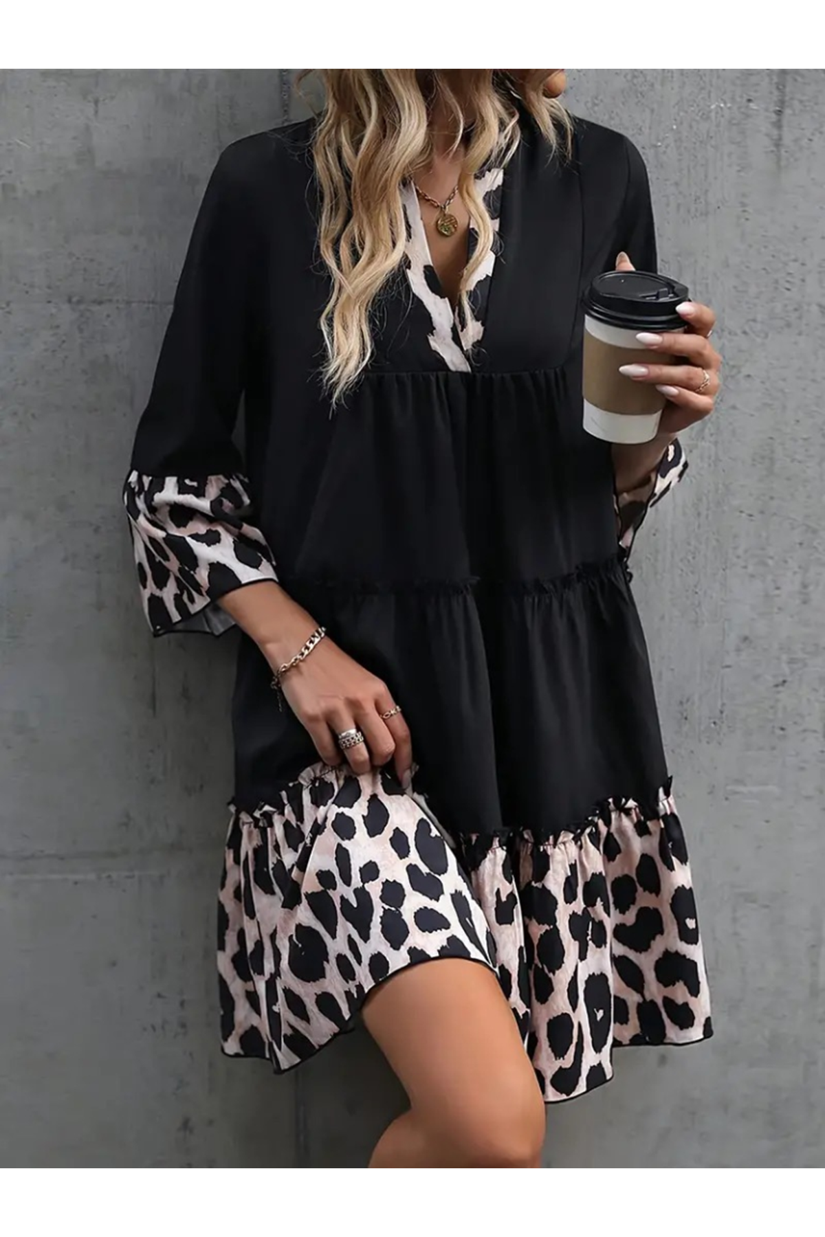 Kadın Fakir Kol V Yakalı Leopar Desen Detaylı Trikoton Elbise