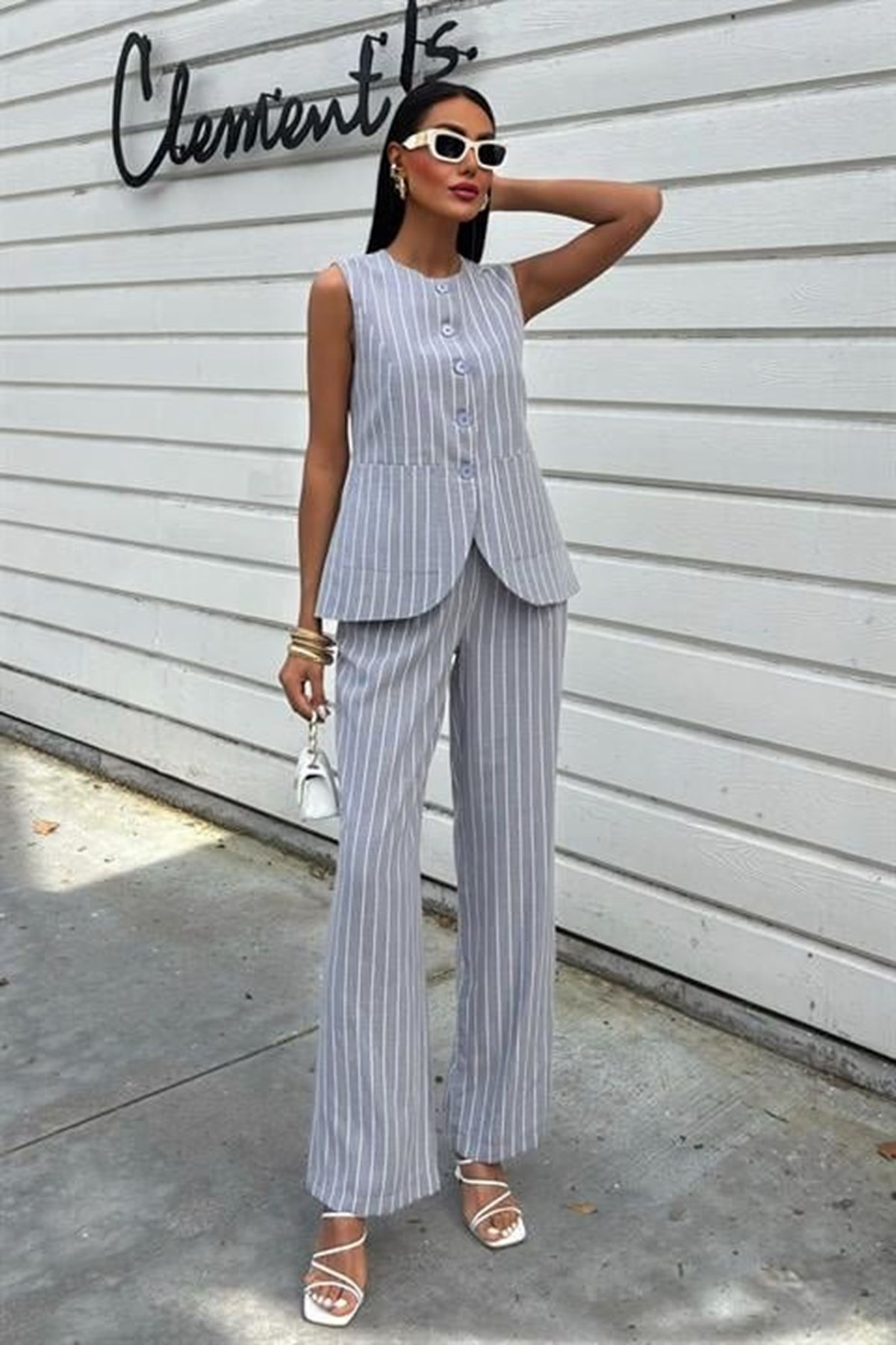 Çizgili Viscon Keten Yelekli Rahat Takım 10121